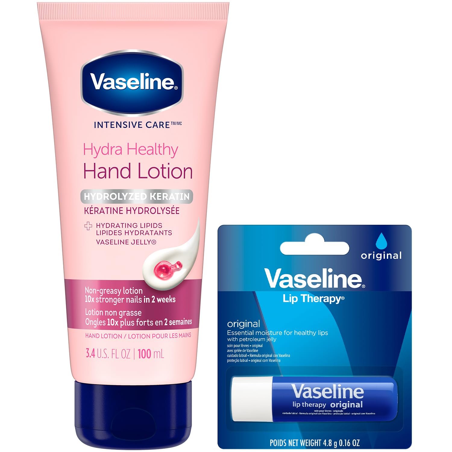 Vaseline Lotion & Lip Therapy Bundle – Healthy Hands Stronger Nails with Keratin Intensive Care Hand Lotion + Original Lip Balm Tube - Image 2