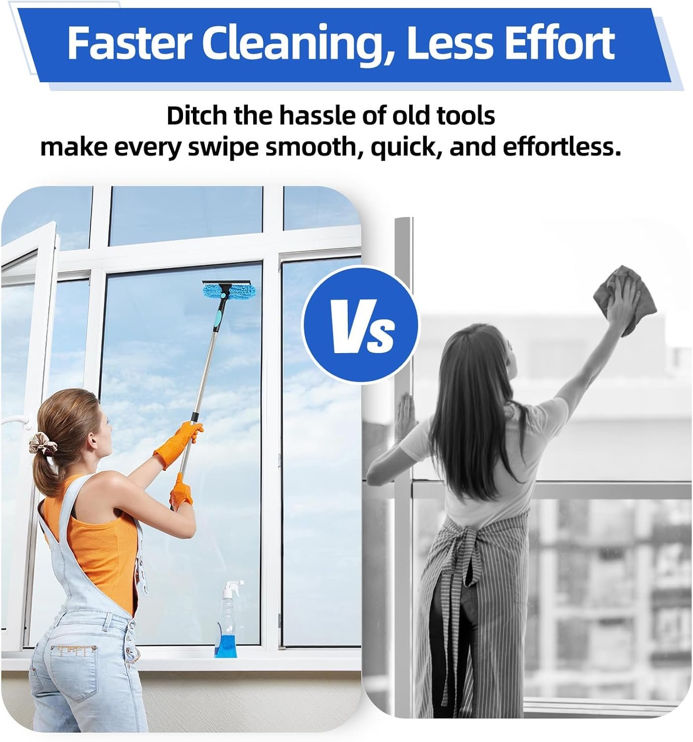 65'' Window Washing Kit with Extension Pole, 2-in-1 Window Cleaning Kit with Scrubber and Rotating Head, Window Cleaner Tool for Shower Rooms, Glass, Floors, Tiles, Walls, Car Windshields - Image 3