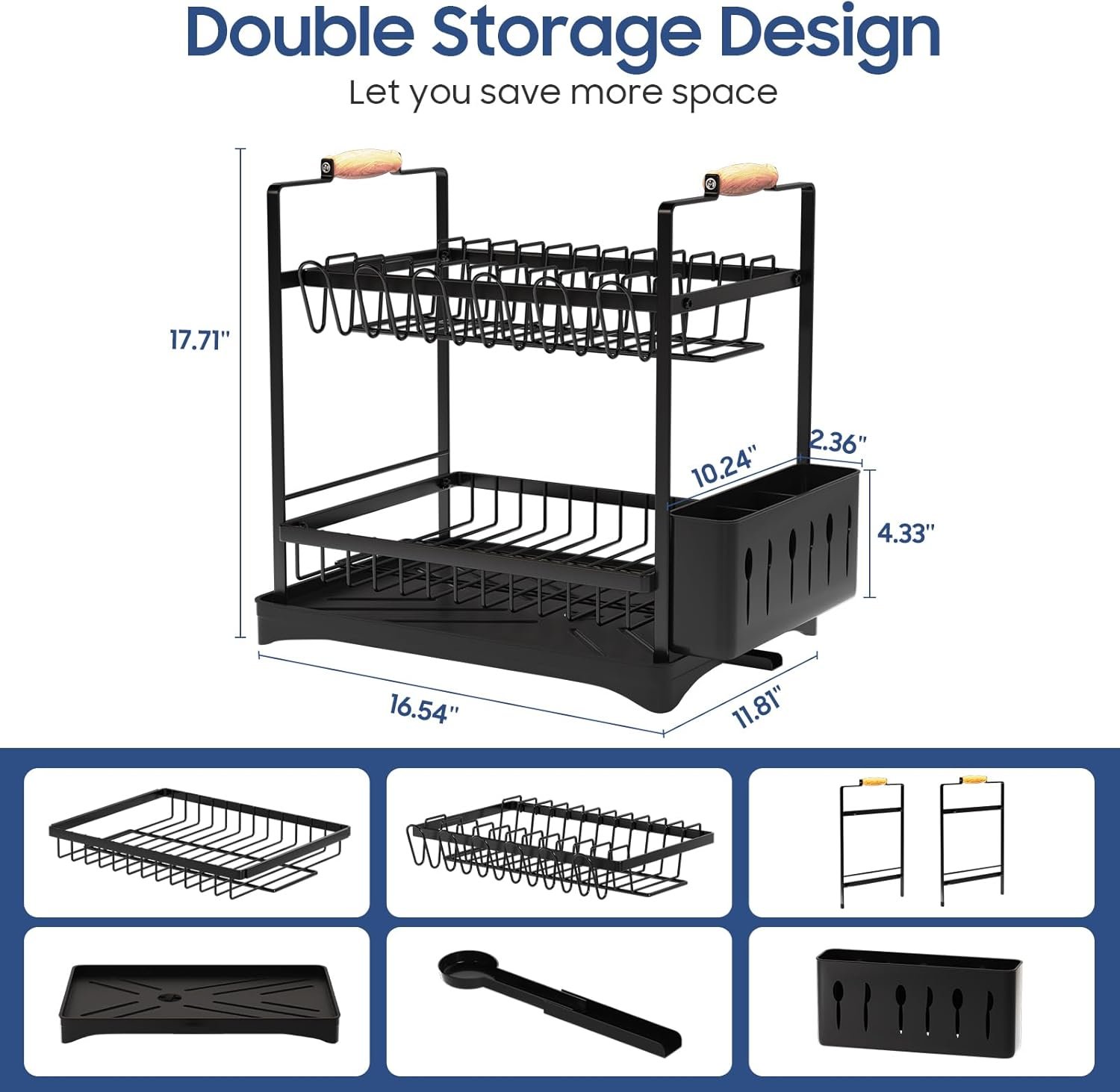 2-Tier Large Dish Drying Rack for Kitchen Counter with Drainboard and Cutlery Holder, 2 Tier Dish Drying Rack, Black,16.54" D x 11.81" W x 17.71" H - Image 6