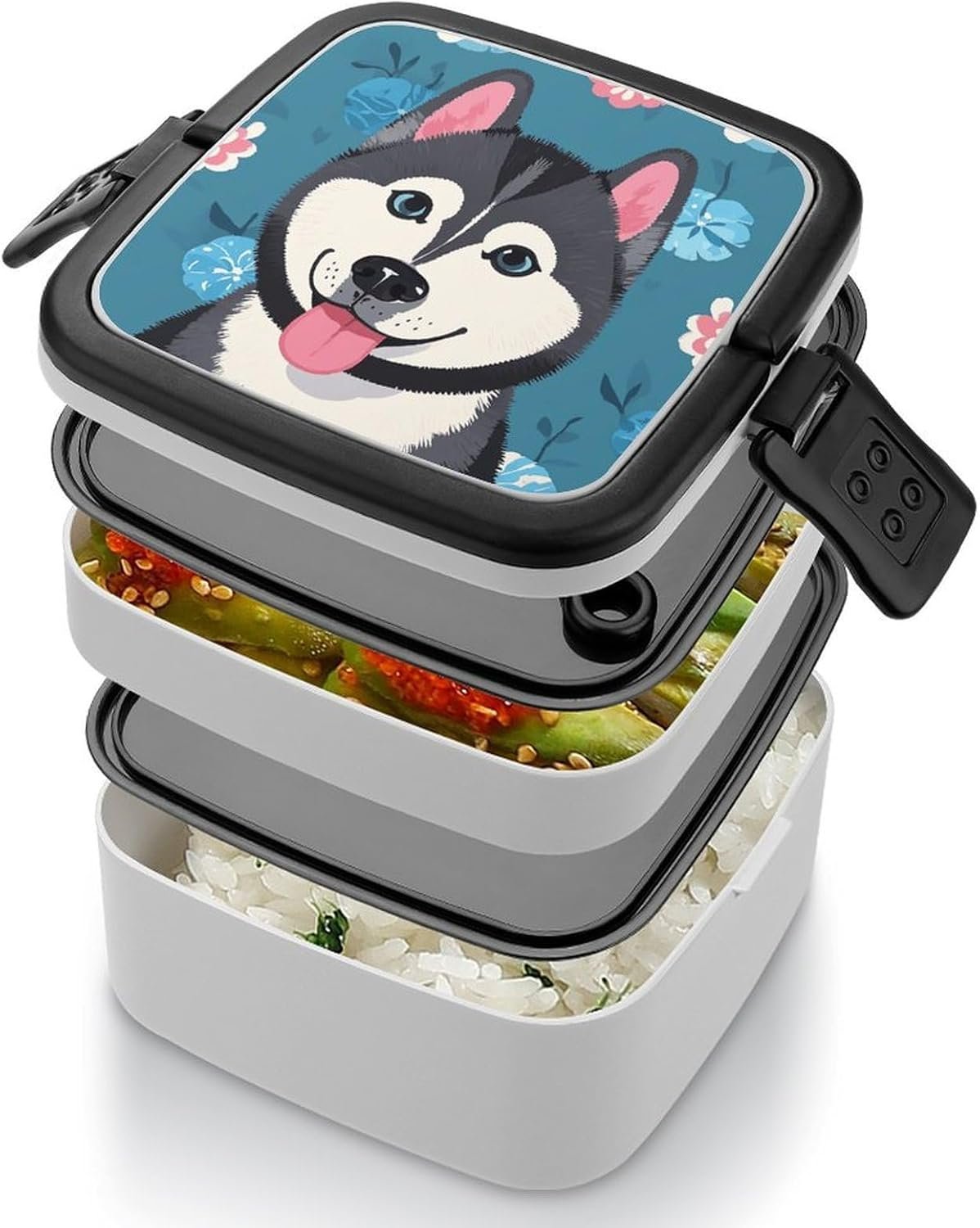 Husky Dog Pattern Bento Box with Spoon, 2-layer Stackable Lunch Box Leak Proof with Invisible Handle, Insulated Food Storage for Office, Picnic & Travel - Image 5