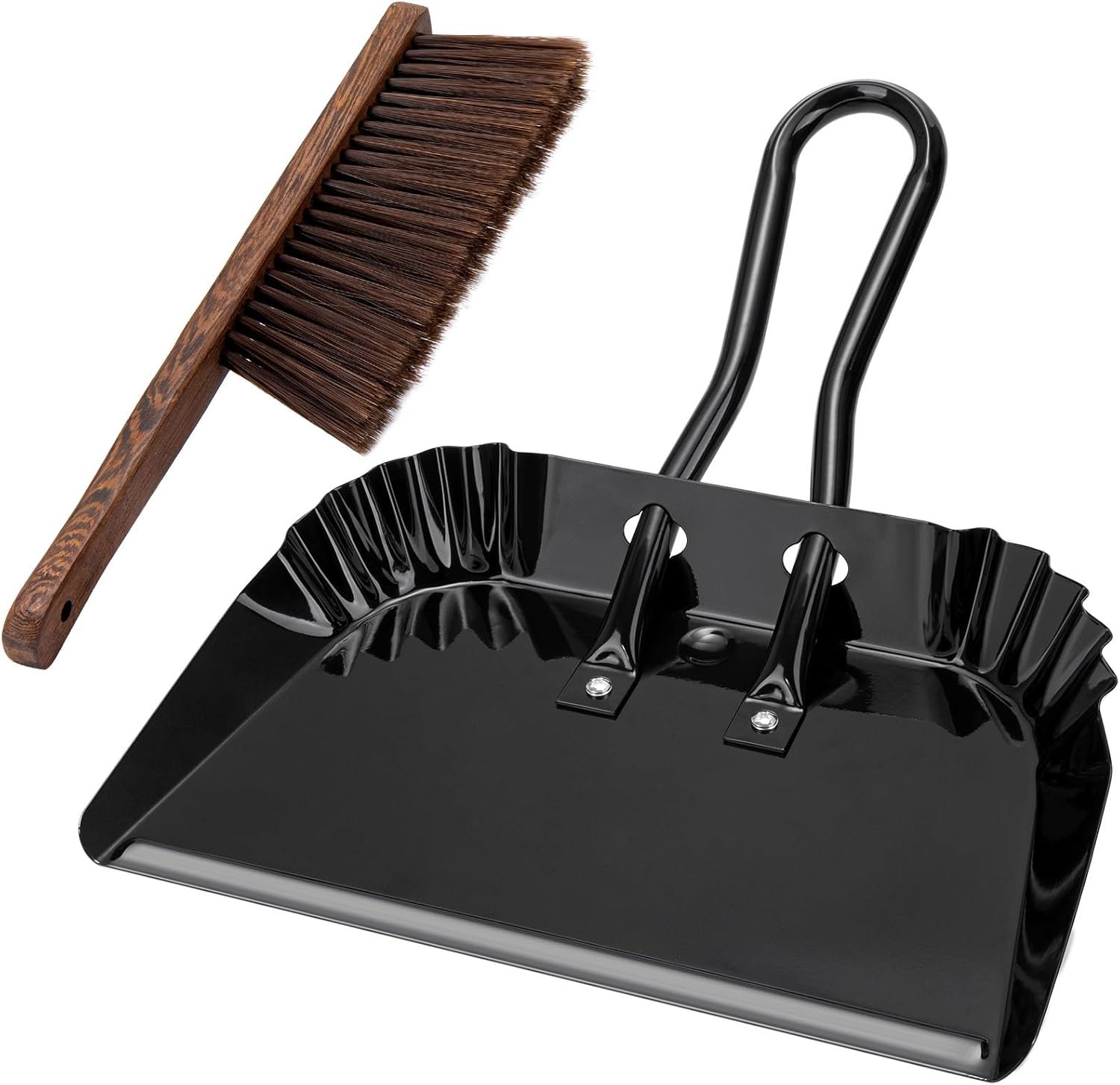 17In Extra Large Dust pan and Brush Set,Commercial Heavy-Duty Dust Pans and Wood Broom,Clip on Dust Pan Metal Edge Flat Against Floor for Patio/Pet/Car/Outdoor-Rubber Coated Easy to Grasp Handle - Image 2