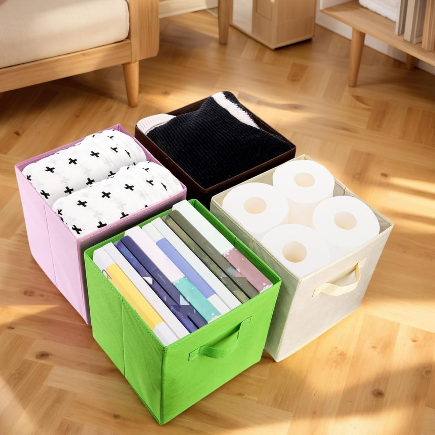9 Pack Cube Storage Bins, 11 Inch Collapsible Fabric Storage Baskets, Multi Colored Storage Cubes with Handles, Foldable Cube Drawer for Home, Closet, Shelves, Toys Organization - Image 9