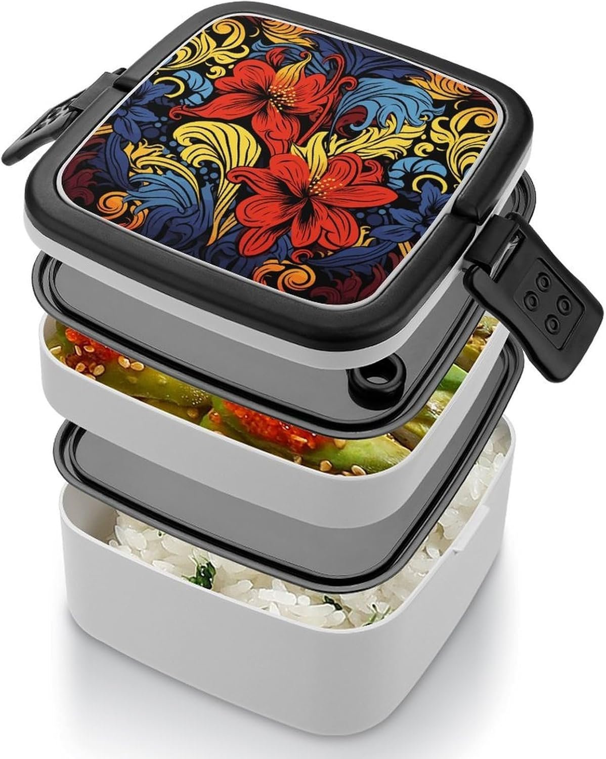 Red And Yellow Style Bento Box with Spoon, 2-layer Stackable Lunch Box Leak Proof with Invisible Handle, Insulated Food Storage for Office, Picnic & Travel - Image 5