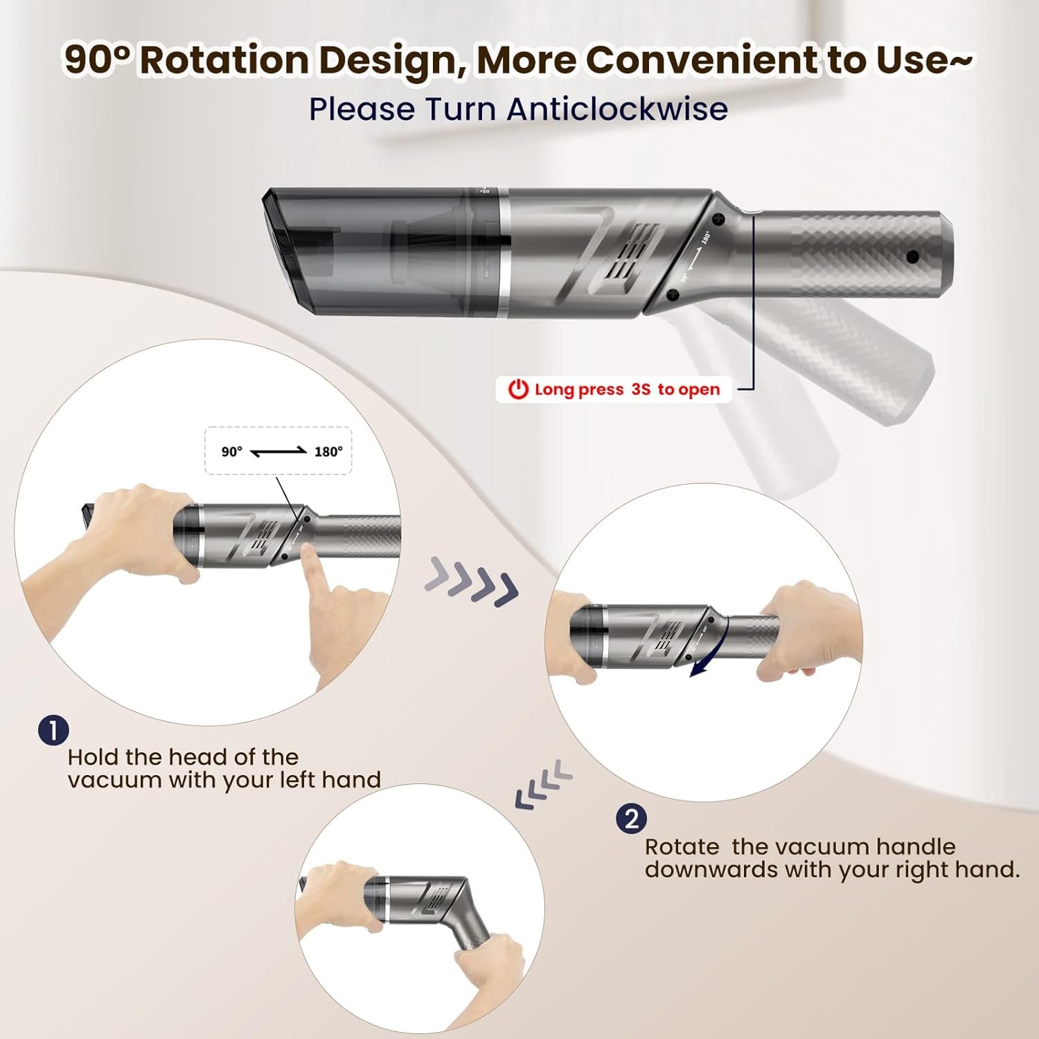 Cordless Car Vacuum Cleaner,Portable Handheld Vacuum with 90° Adjustable Handle,120W / 12000Pa Rechargeable Mini Dust Buster for Cars,Carpets and Pet Hair - Image 4