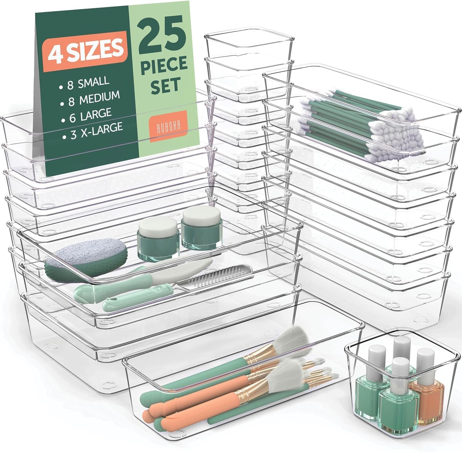 25 PCS Clear Plastic Drawer Organizers Set, 4 Sizes Clear Drawer Organizers & storage Bins for Makeup/Jewelry Vanity, Kitchen Gadgets Or Office Desk. Bathroom Drawer Organizer Trays With Non-Slip Pads - Image 2