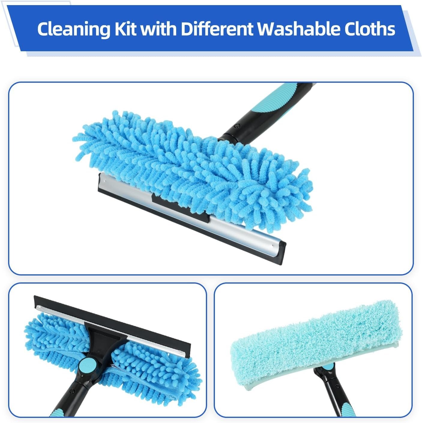 65'' Window Washing Kit with Extension Pole, 2-in-1 Window Cleaning Kit with Scrubber and Rotating Head, Window Cleaner Tool for Shower Rooms, Glass, Floors, Tiles, Walls, Car Windshields - Image 5