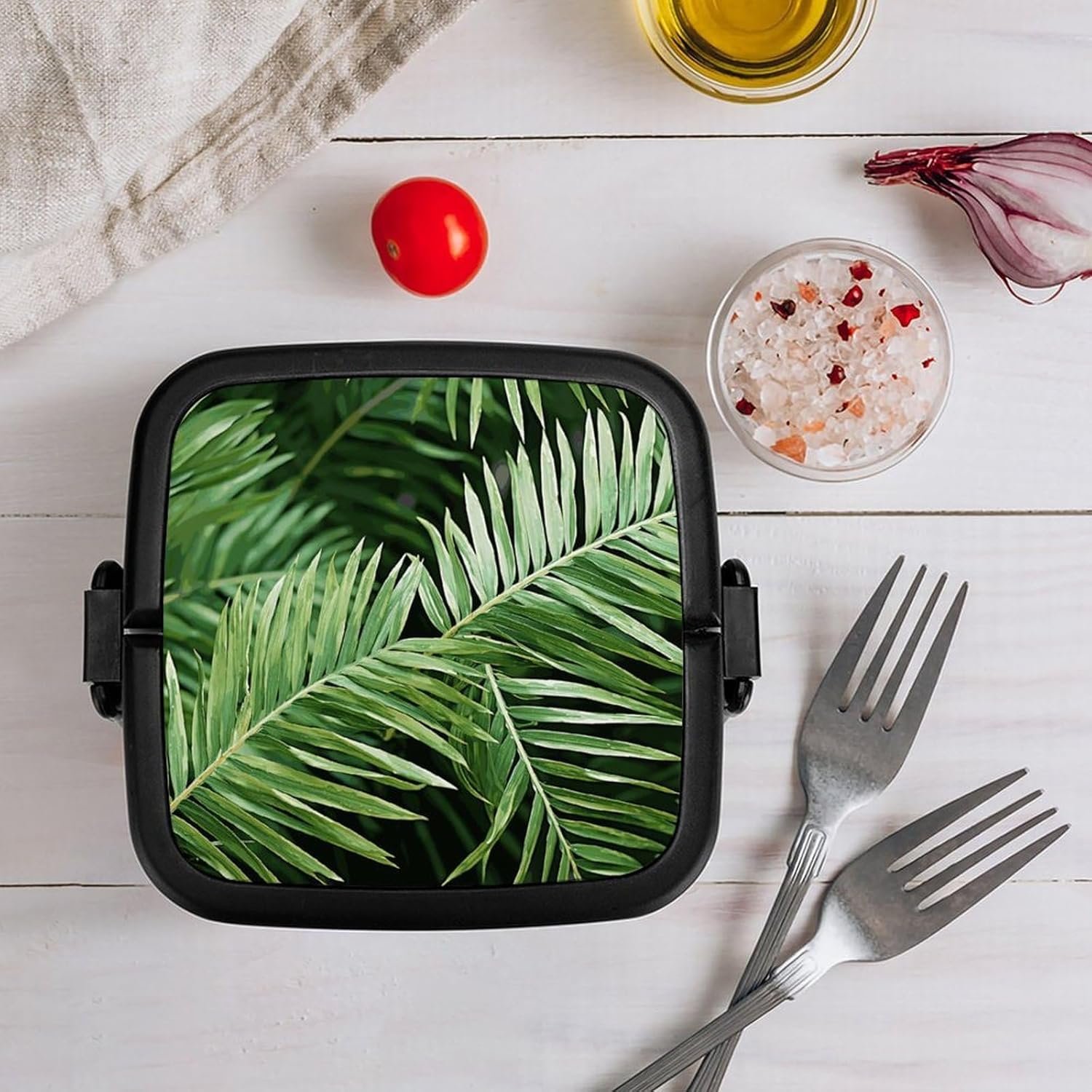 Palm Tree Leaves Bento Box with Spoon, 2-layer Stackable Lunch Box Leak Proof with Invisible Handle, Insulated Food Storage for Office, Picnic & Travel - Image 9