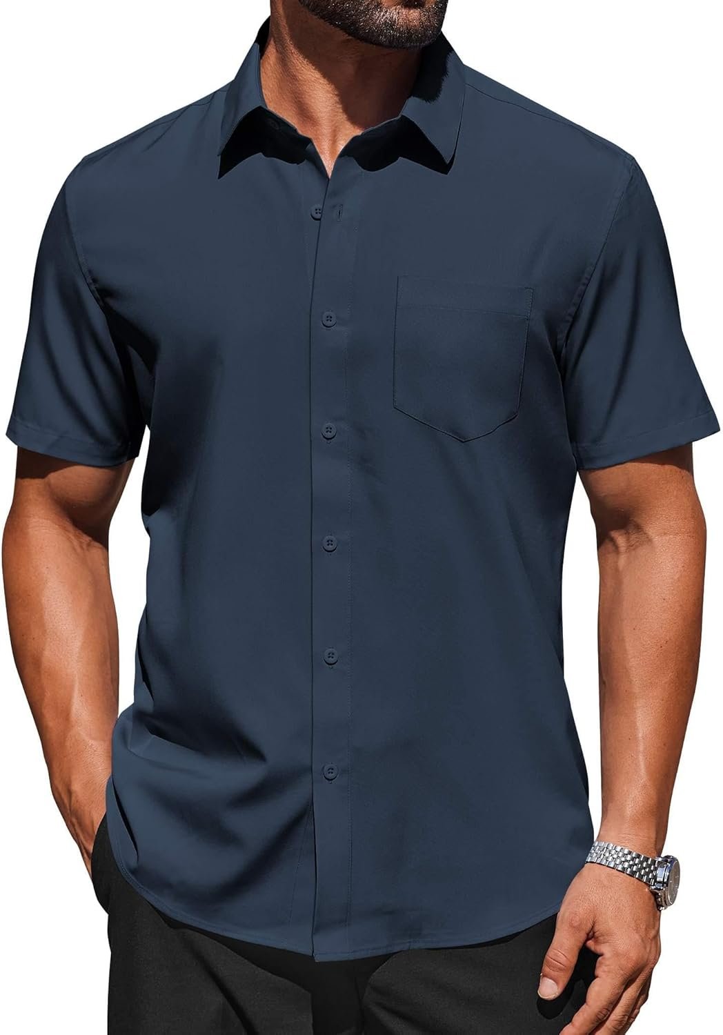 COOFANDY Mens Short Sleeve Dress Shirts Casual Stylish Untucked Summer Shirt with Pocket Navy Blue - Image 2