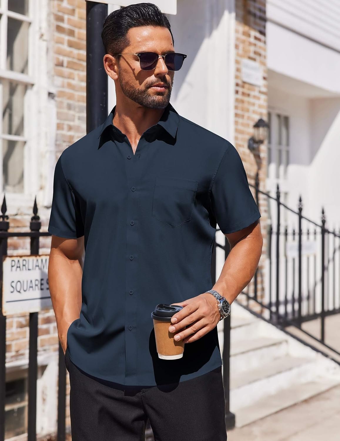 COOFANDY Mens Short Sleeve Dress Shirts Casual Stylish Untucked Summer Shirt with Pocket Navy Blue - Image 5
