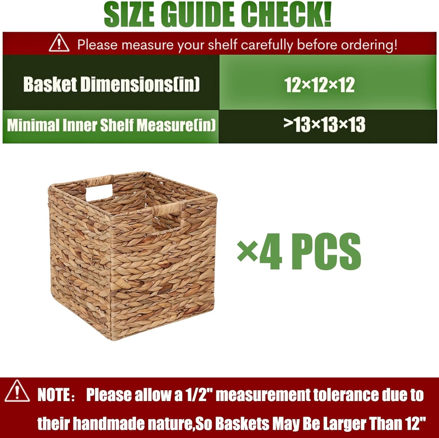 12x12in Storage Baskets Set of 4 Water Hyacinth Baskets,Foldable Handwoven Storage Cubes,Wicker Cube Baskets Laundry Organizer Totes for Home - Image 3