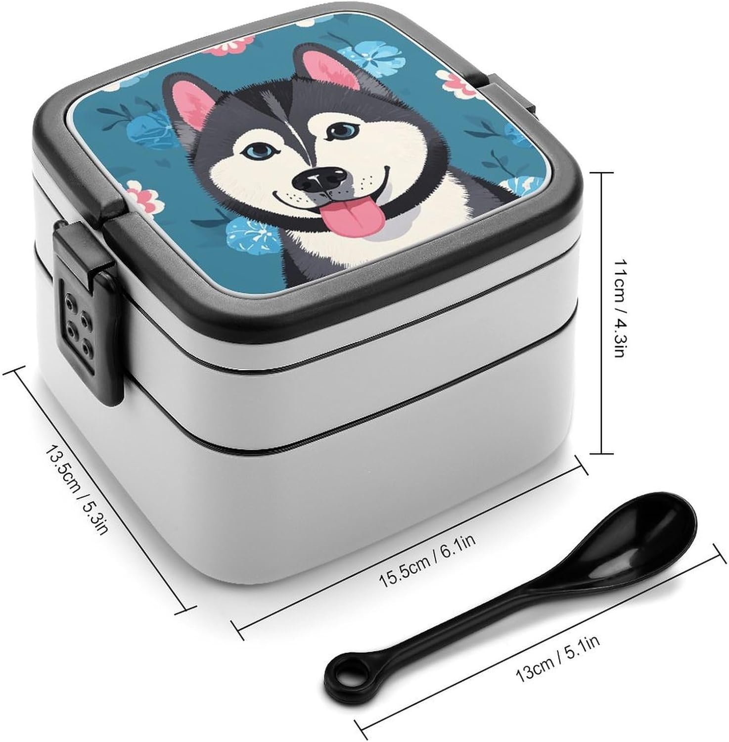 Husky Dog Pattern Bento Box with Spoon, 2-layer Stackable Lunch Box Leak Proof with Invisible Handle, Insulated Food Storage for Office, Picnic & Travel - Image 3