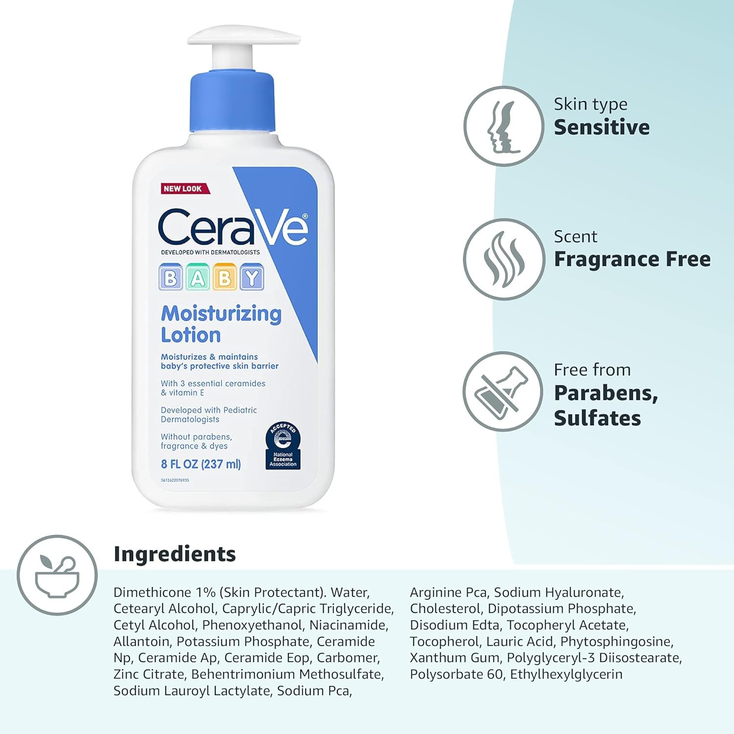 CeraVe Baby Lotion, Gentle Baby Skin Care with Ceramides, Niacinamide & Vitamin E, Fragrance, Paraben, Dye & Phthalates Free, Lightweight Moisturizer, 8 Ounce, Packaging May Vary - Image 13