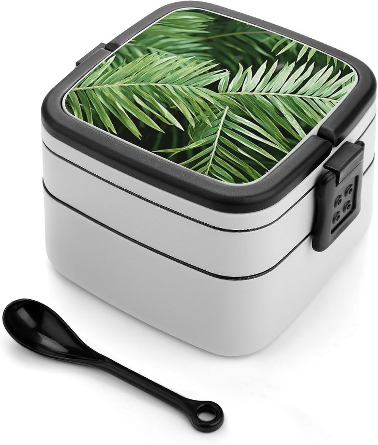 Palm Tree Leaves Bento Box with Spoon, 2-layer Stackable Lunch Box Leak Proof with Invisible Handle, Insulated Food Storage for Office, Picnic & Travel - Image 2