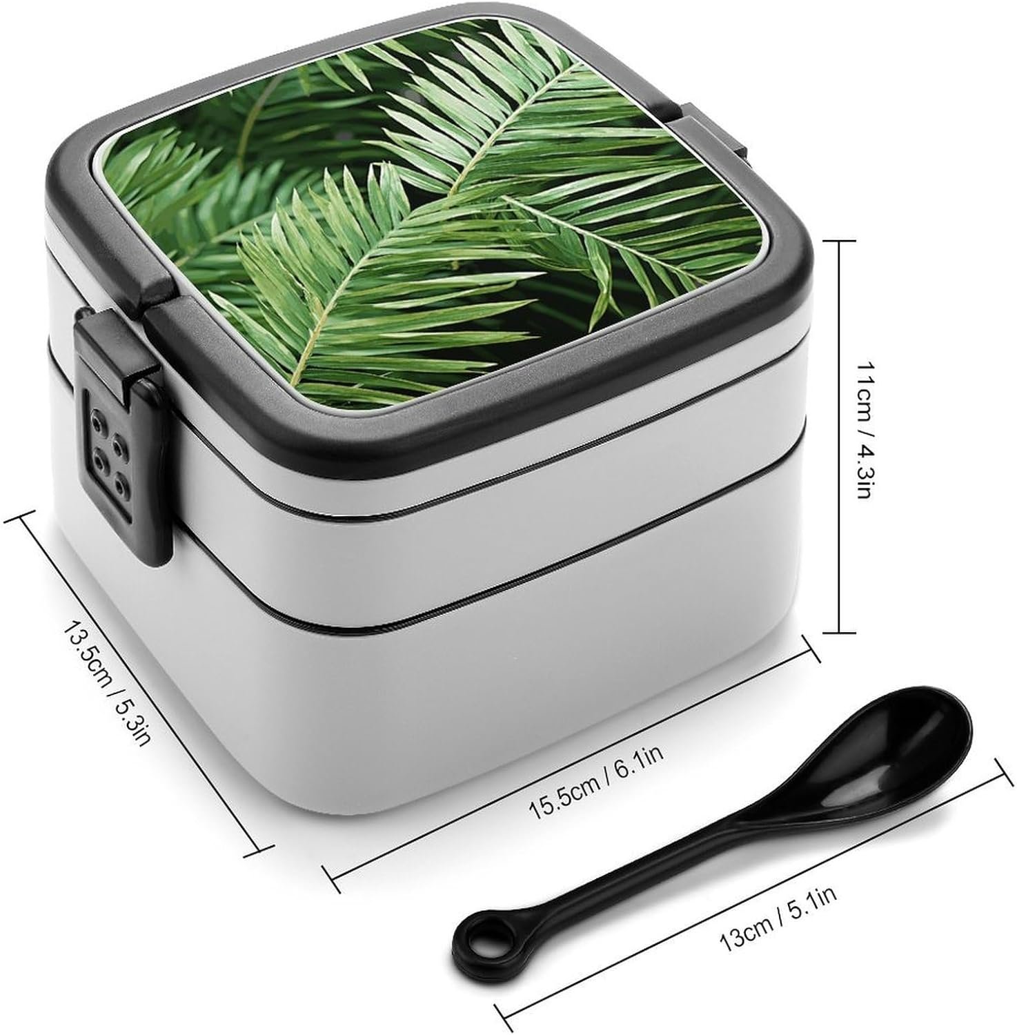 Palm Tree Leaves Bento Box with Spoon, 2-layer Stackable Lunch Box Leak Proof with Invisible Handle, Insulated Food Storage for Office, Picnic & Travel - Image 3