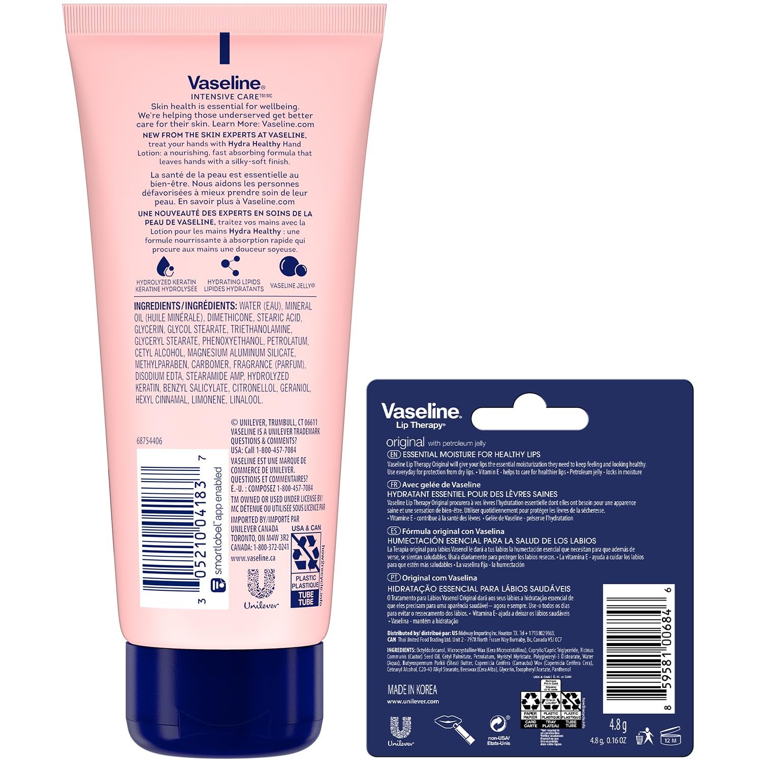 Vaseline Lotion & Lip Therapy Bundle – Healthy Hands Stronger Nails with Keratin Intensive Care Hand Lotion + Original Lip Balm Tube - Image 3