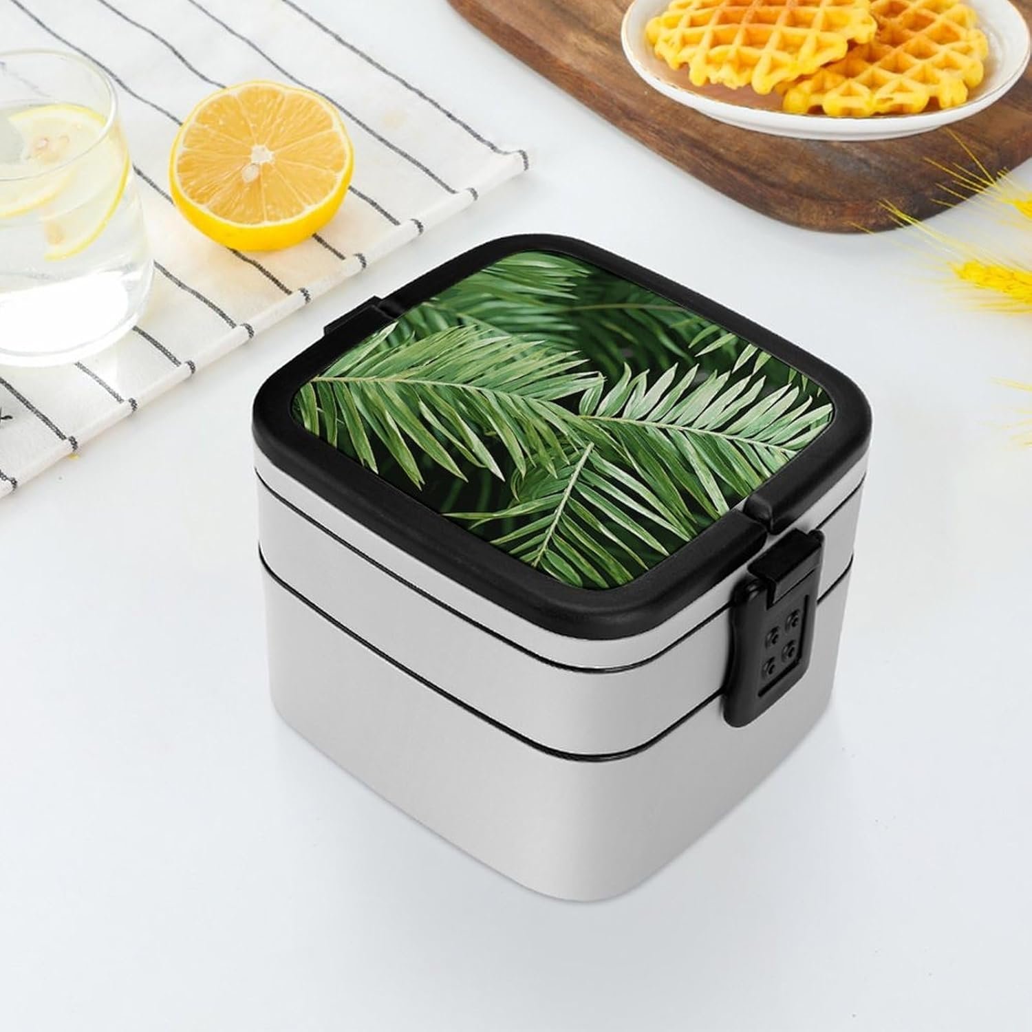 Palm Tree Leaves Bento Box with Spoon, 2-layer Stackable Lunch Box Leak Proof with Invisible Handle, Insulated Food Storage for Office, Picnic & Travel - Image 7