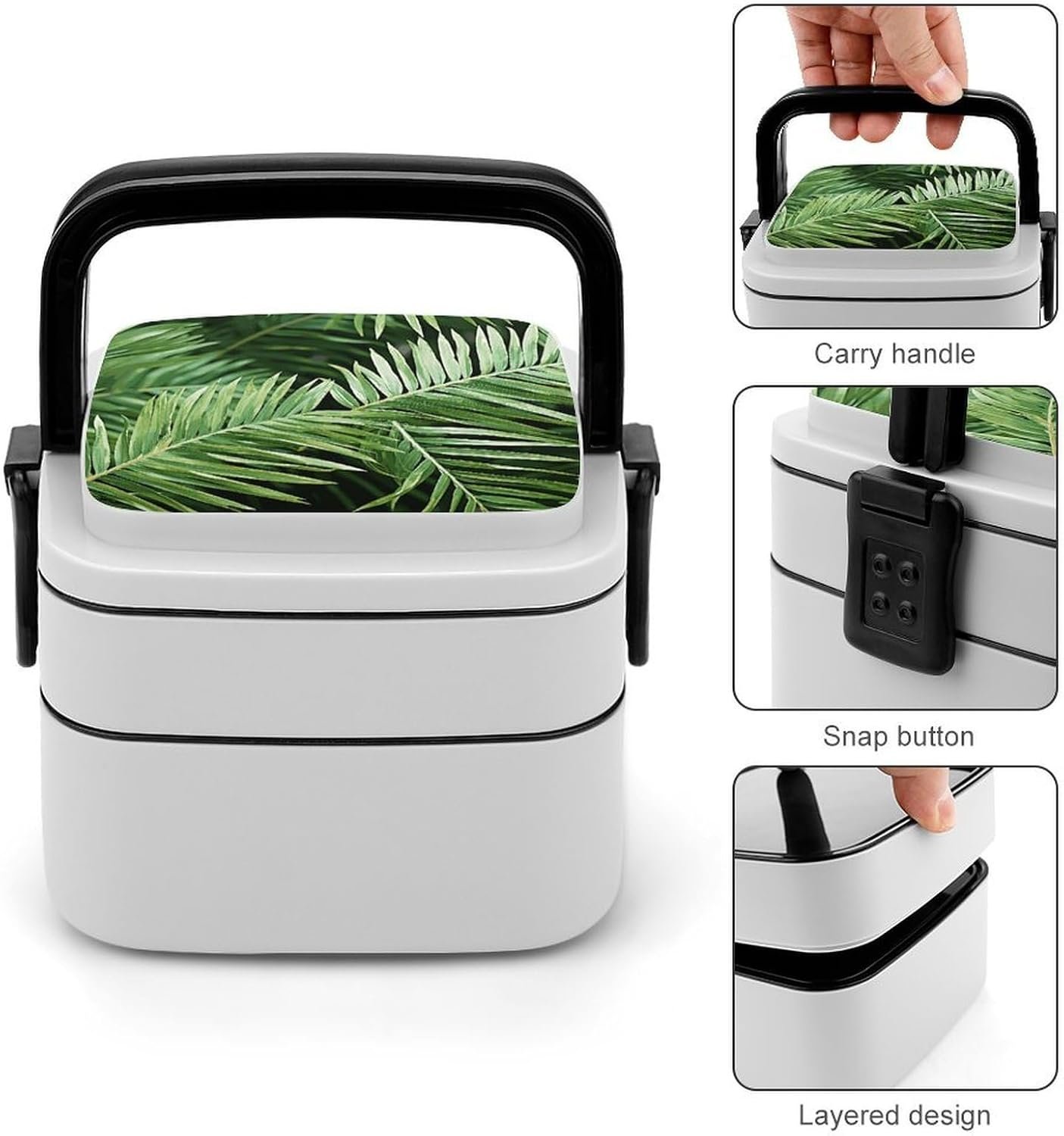 Palm Tree Leaves Bento Box with Spoon, 2-layer Stackable Lunch Box Leak Proof with Invisible Handle, Insulated Food Storage for Office, Picnic & Travel - Image 6