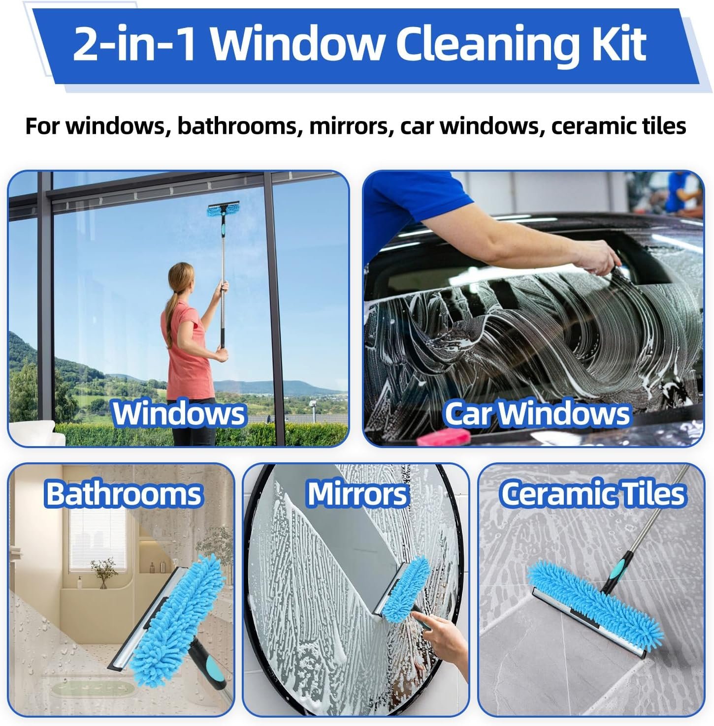 65'' Window Washing Kit with Extension Pole, 2-in-1 Window Cleaning Kit with Scrubber and Rotating Head, Window Cleaner Tool for Shower Rooms, Glass, Floors, Tiles, Walls, Car Windshields - Image 7