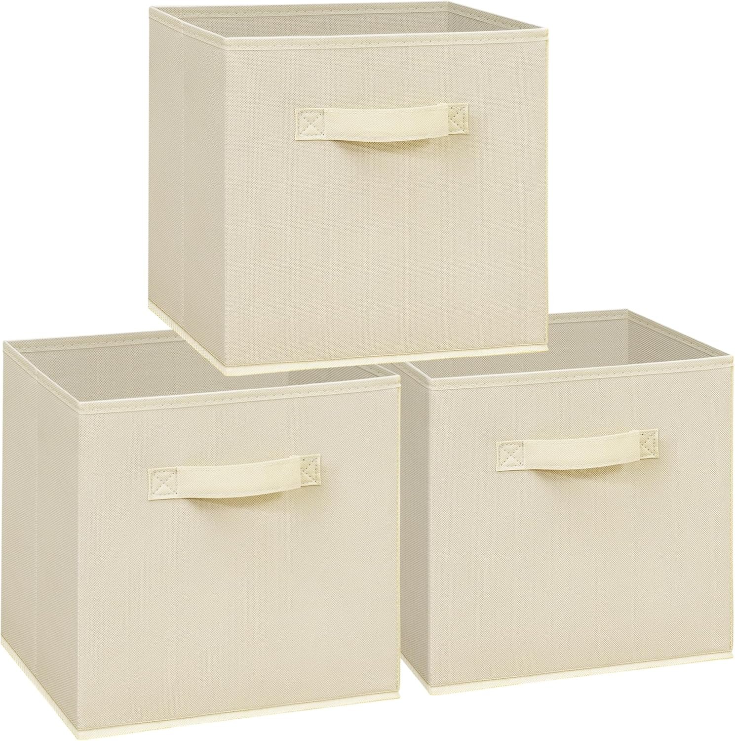 11x11 Storage Bins, Set of 3 Storage Cubes, Collapsible Cube Storage Box, Fabric Closet Organizers with Handles for Home, Office, Closet Shelf Cabinet, Bookcase, Beige - Image 2