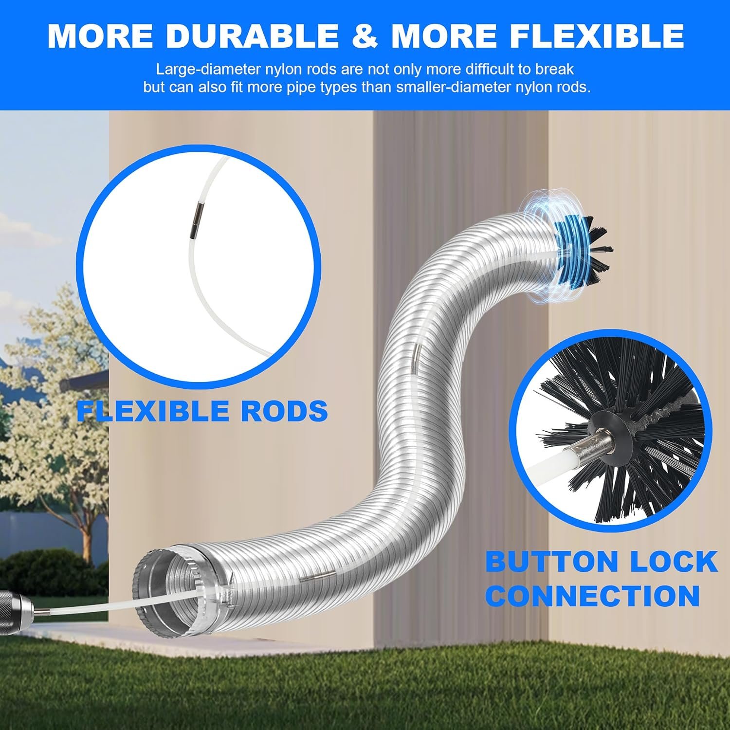 35 Feet Dryer Vent Cleaner Kit, Multi-purpose Lint Remover with 6” Chimney Brush Head, Flexible Nylon Rod Extends to 35ft Duct Cleaning Brush For Dryer, Air Duct, Fireplaces, Washing machine - Image 3