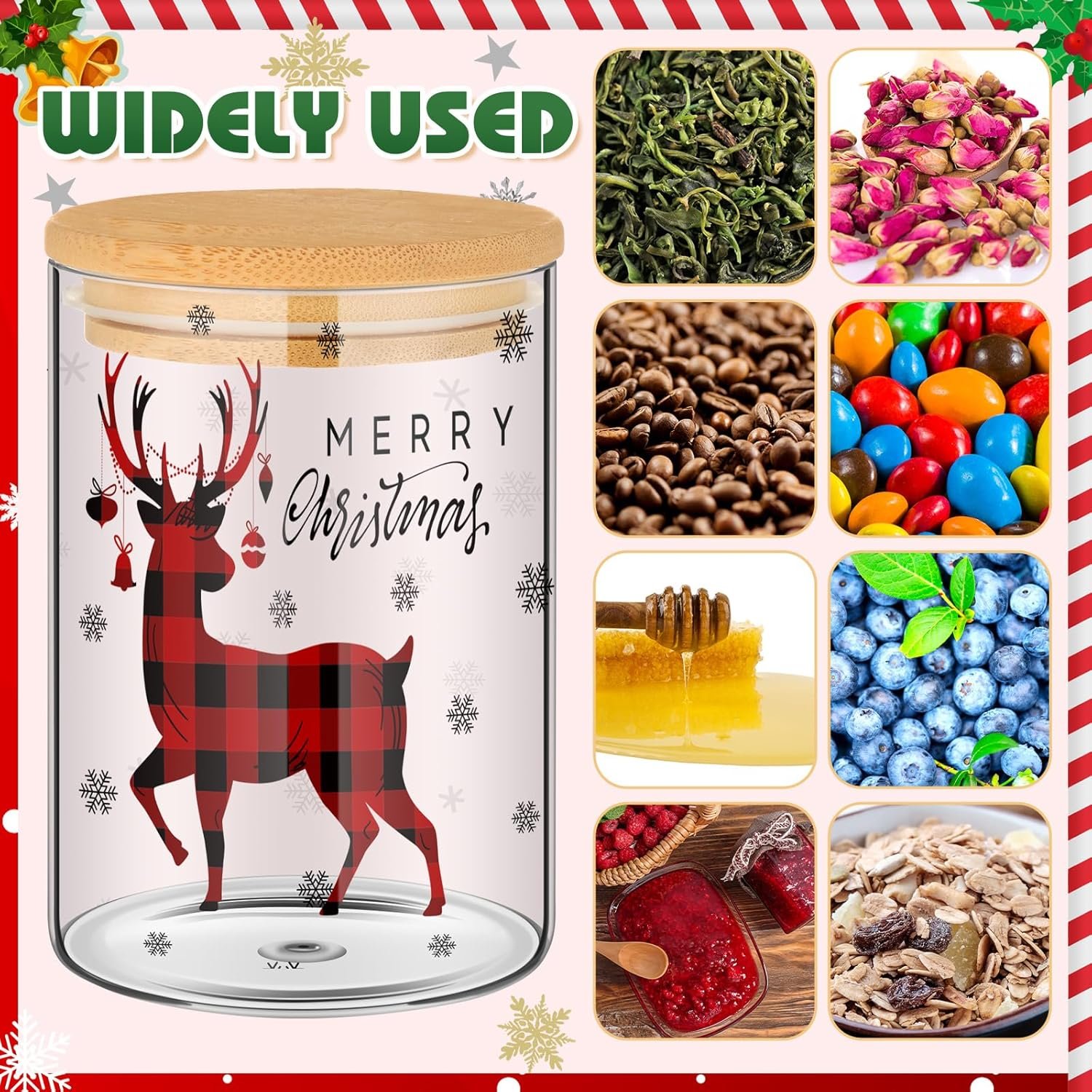 Shellwei 6 Pcs Christmas Glass Storage Jar with Airtight Bamboo Lid Buffalo Plaid Canister Sets Christmas Tree Sled Cookie Jars Candy Storage 19oz for Kitchen Containers Countertop Decoration - Image 5