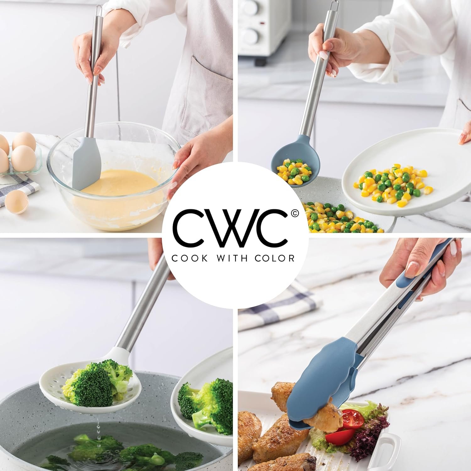 COOK WITH COLOR Silicone Cooking Utensils, Kitchen Utensil Set, Easy to Clean Silicone Kitchen Utensils, Cooking Utensils for Nonstick Cookware, Kitchen Gadgets Set, 38 Piece, Blue and White - Image 5