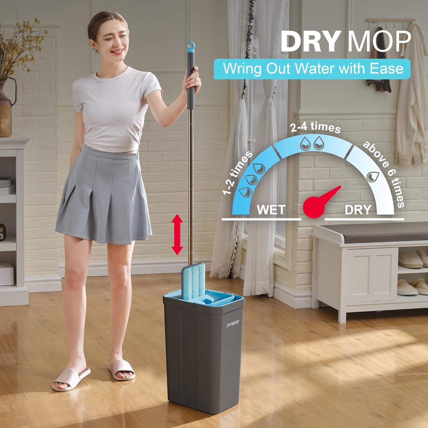 JOYMOOP Mop and Bucket Set with Wringer, Mops for Floor Cleaning, Wall Mop Cleaner with Long Handle, with 6 Reusable Microfiber Mop Pads - Grey+Cyan Blue - Image 4