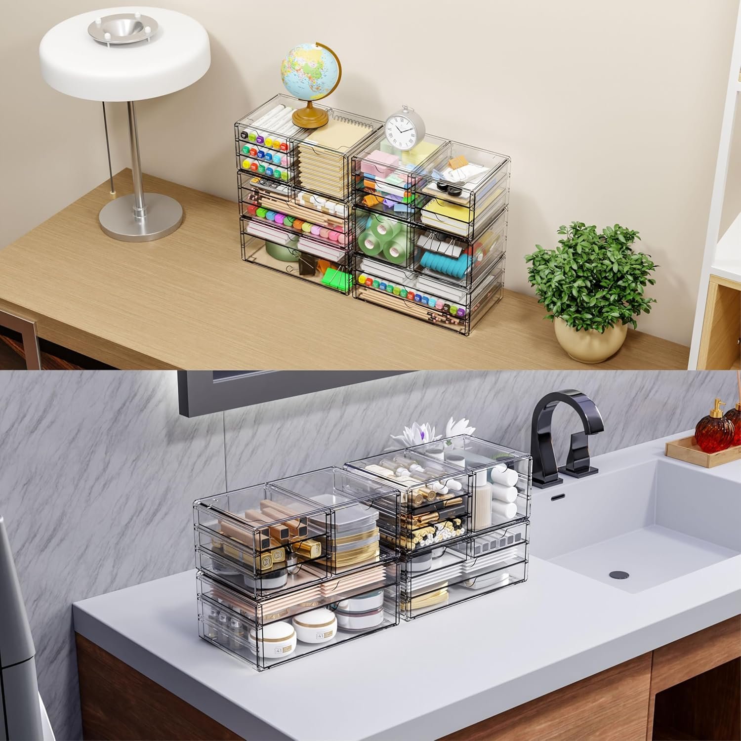 Yieach 2 Pack Acrylic Drawer Organizer With 6 Drawers,Stackable 11.1” Large Clear Storage Drawers and Makeup Organizer For Vanity,Bathroom Countertop,Cabinet,Pantry,Office Supply Storage Bins Drawers - Image 5