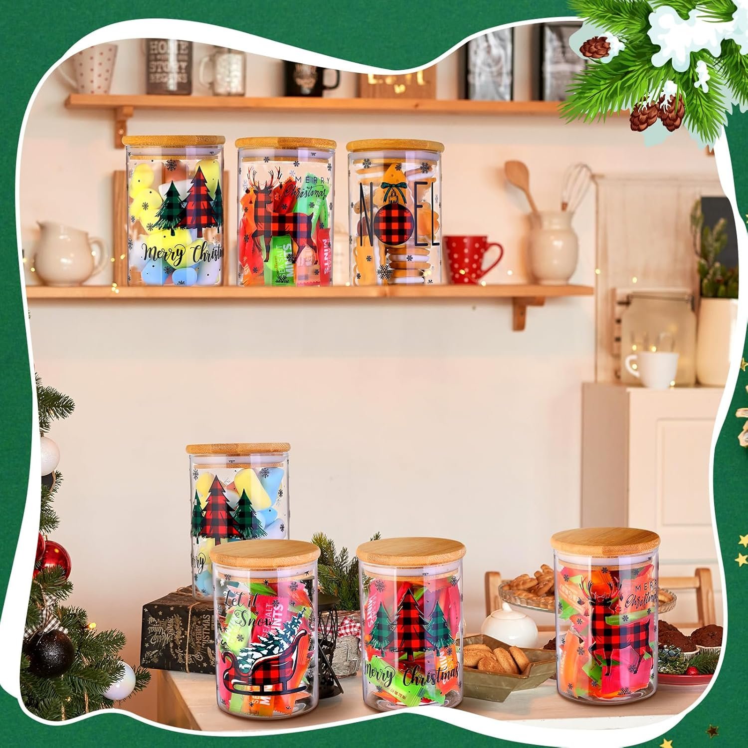Shellwei 6 Pcs Christmas Glass Storage Jar with Airtight Bamboo Lid Buffalo Plaid Canister Sets Christmas Tree Sled Cookie Jars Candy Storage 19oz for Kitchen Containers Countertop Decoration - Image 7