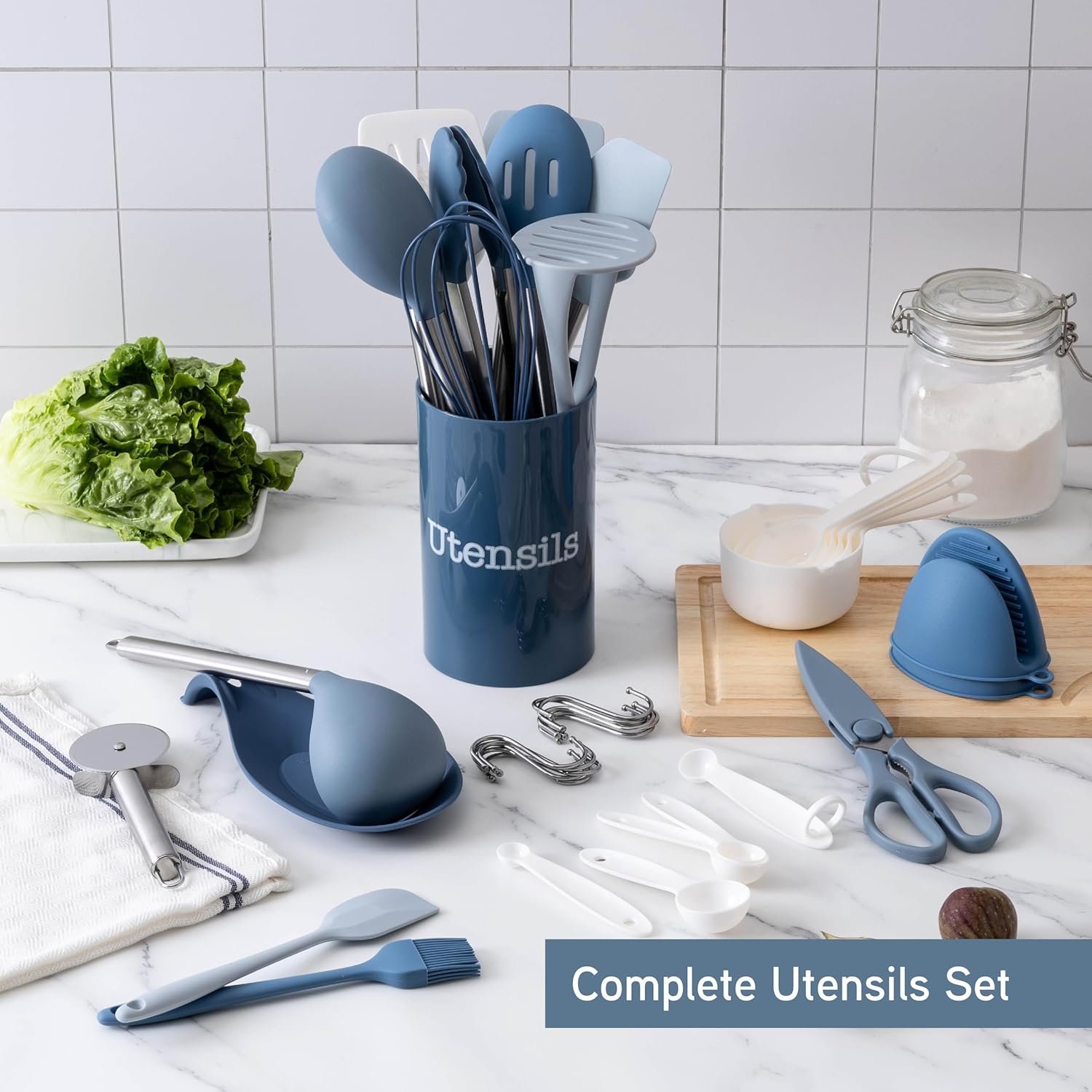 COOK WITH COLOR Silicone Cooking Utensils, Kitchen Utensil Set, Easy to Clean Silicone Kitchen Utensils, Cooking Utensils for Nonstick Cookware, Kitchen Gadgets Set, 38 Piece, Blue and White - Image 4