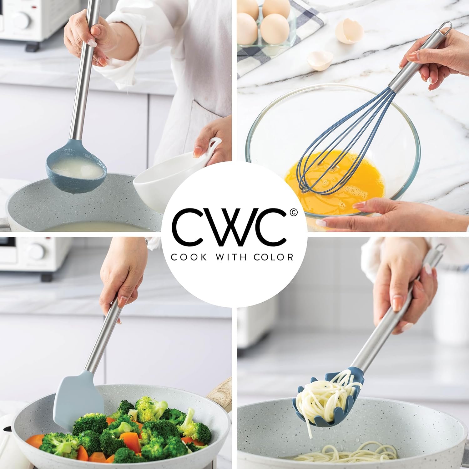 COOK WITH COLOR Silicone Cooking Utensils, Kitchen Utensil Set, Easy to Clean Silicone Kitchen Utensils, Cooking Utensils for Nonstick Cookware, Kitchen Gadgets Set, 38 Piece, Blue and White - Image 6