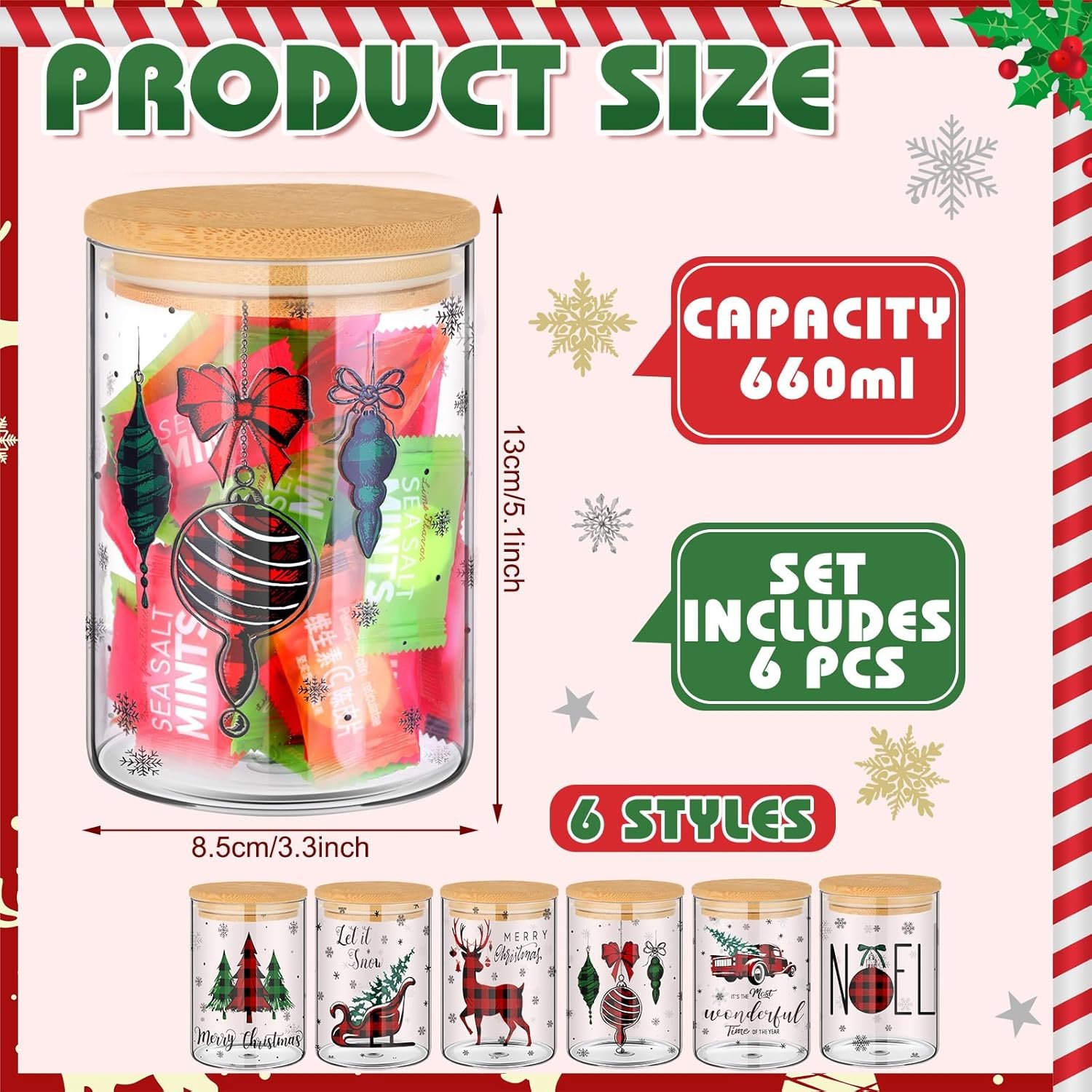 Shellwei 6 Pcs Christmas Glass Storage Jar with Airtight Bamboo Lid Buffalo Plaid Canister Sets Christmas Tree Sled Cookie Jars Candy Storage 19oz for Kitchen Containers Countertop Decoration - Image 3