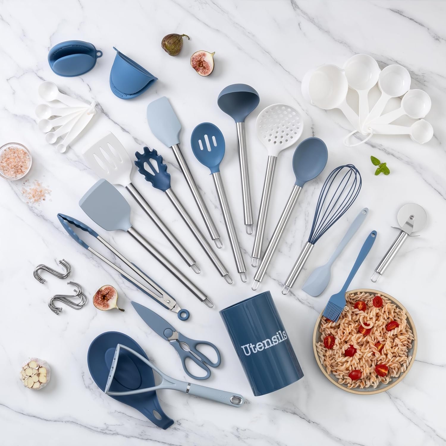 COOK WITH COLOR Silicone Cooking Utensils, Kitchen Utensil Set, Easy to Clean Silicone Kitchen Utensils, Cooking Utensils for Nonstick Cookware, Kitchen Gadgets Set, 38 Piece, Blue and White - Image 7