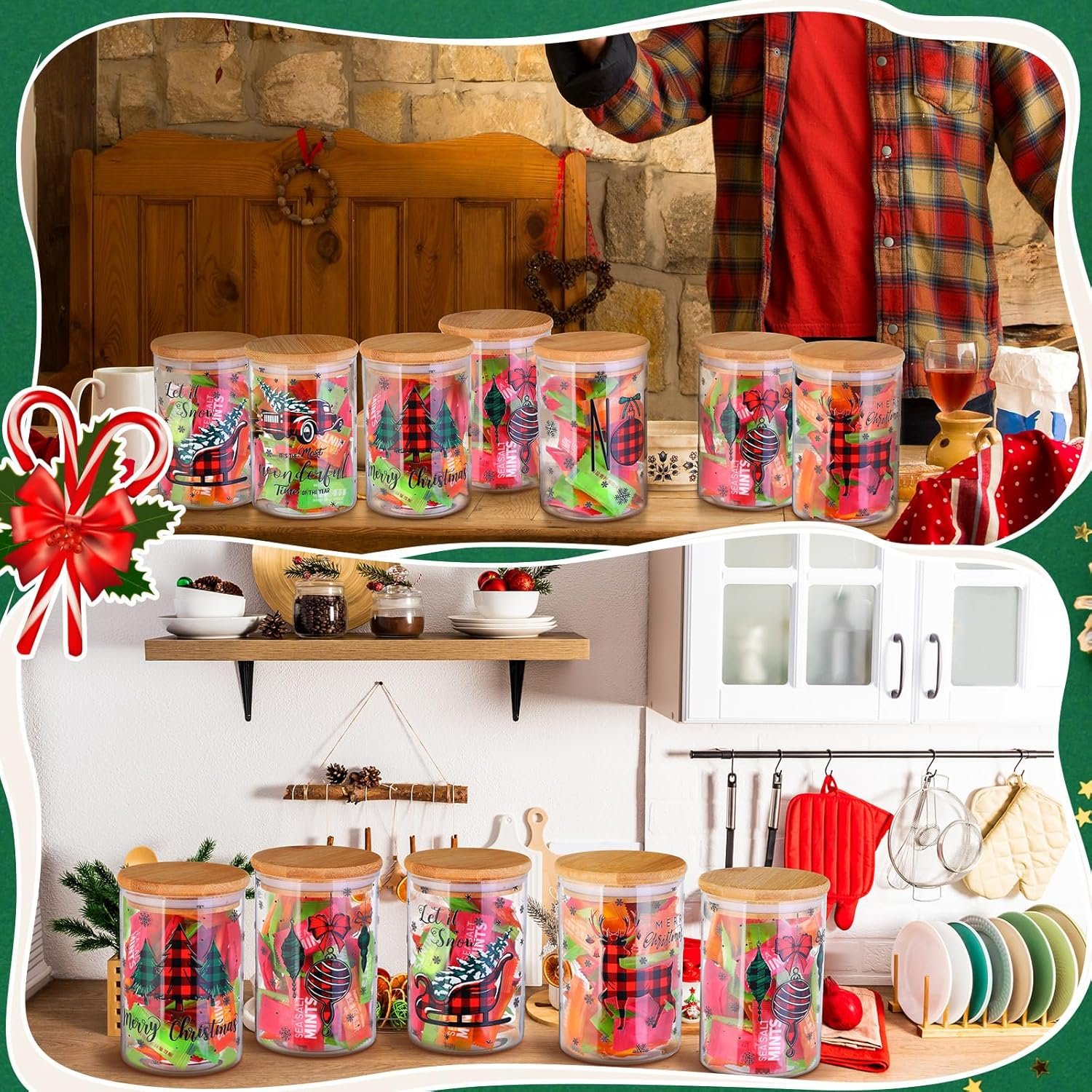 Shellwei 6 Pcs Christmas Glass Storage Jar with Airtight Bamboo Lid Buffalo Plaid Canister Sets Christmas Tree Sled Cookie Jars Candy Storage 19oz for Kitchen Containers Countertop Decoration - Image 6