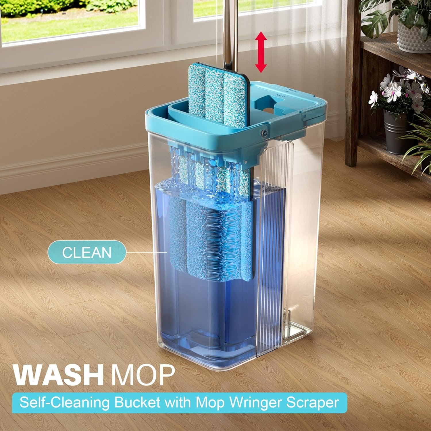 JOYMOOP Mop and Bucket Set with Wringer, Mops for Floor Cleaning, Wall Mop Cleaner with Long Handle, with 6 Reusable Microfiber Mop Pads - Grey+Cyan Blue - Image 3