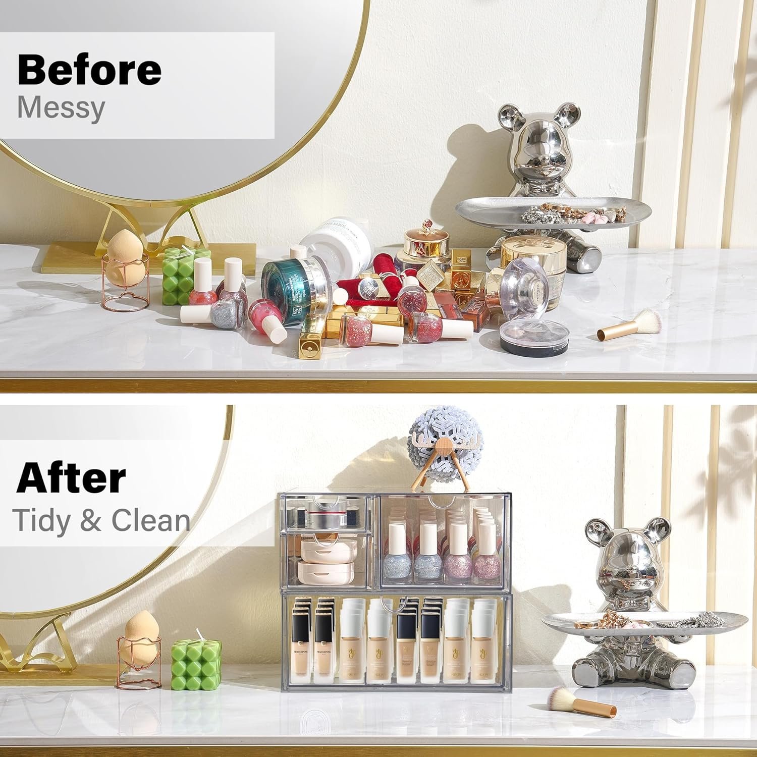 Prsildan Acrylic Drawer Makeup Organizer with 4 Drawers, Set of 2 Office Desk Organizers Accessories, Clear Stackable Storage Drawers for Vanity, Countertop, Craft, Jewelry, Art Supply Organization - Image 4