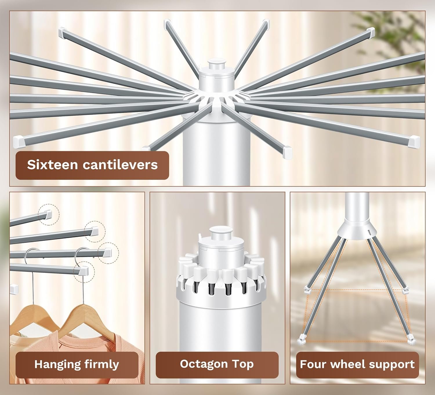 4-Legged Foldable Clothes Drying Rack with Wheels, Heavy-Duty Laundry Rack for Indoor Outdoor Use, Space-Saving Portable Design & Pulley System - Image 8