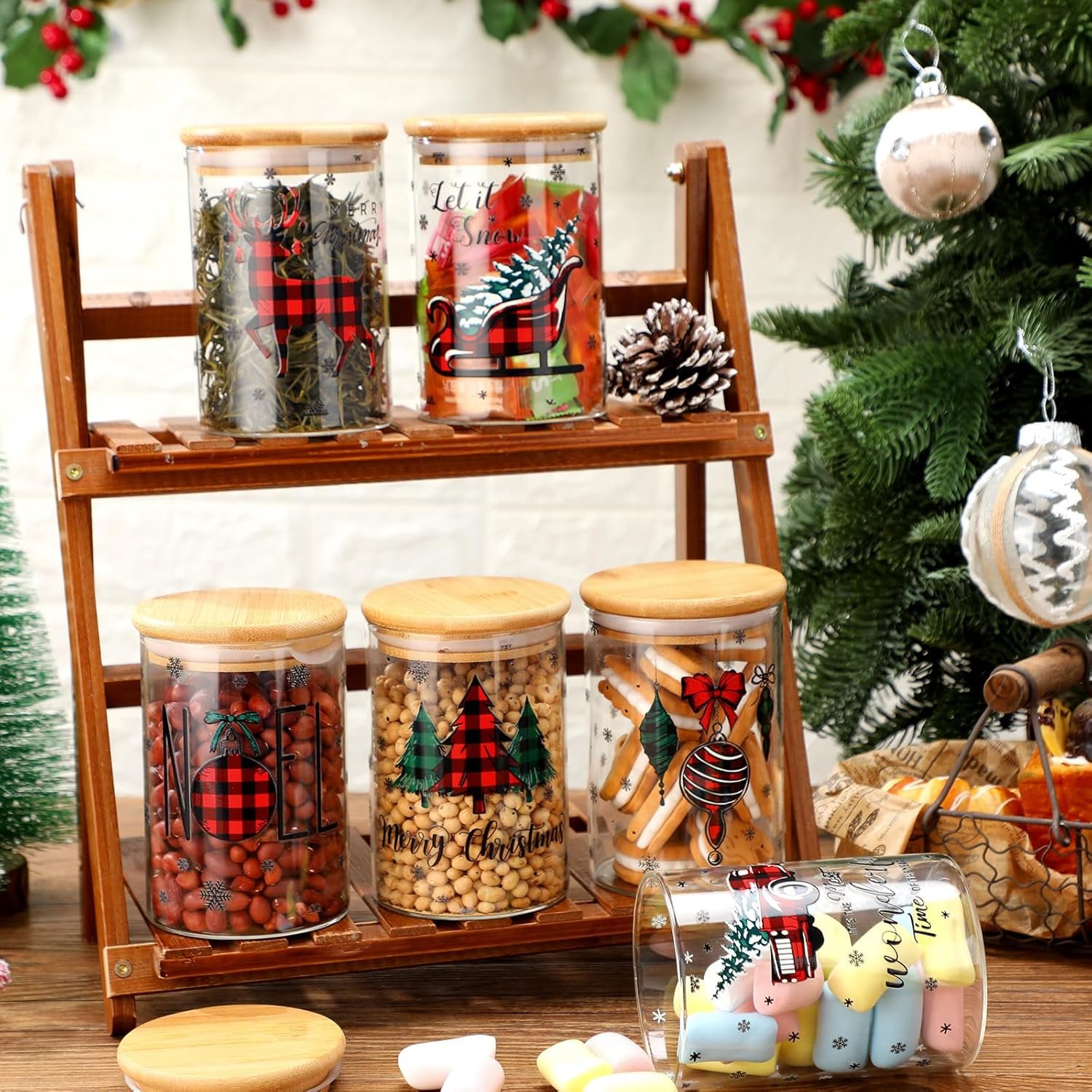 Shellwei 6 Pcs Christmas Glass Storage Jar with Airtight Bamboo Lid Buffalo Plaid Canister Sets Christmas Tree Sled Cookie Jars Candy Storage 19oz for Kitchen Containers Countertop Decoration - Image 8