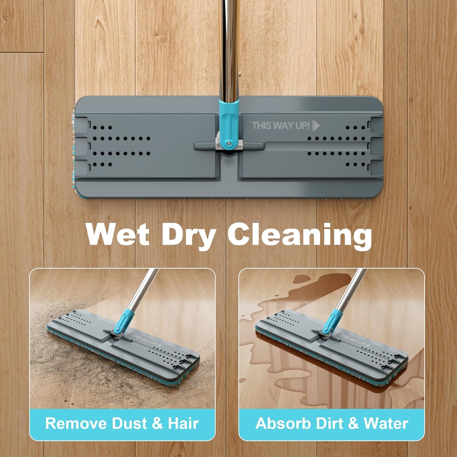 JOYMOOP Mop and Bucket Set with Wringer, Mops for Floor Cleaning, Wall Mop Cleaner with Long Handle, with 6 Reusable Microfiber Mop Pads - Grey+Cyan Blue - Image 10