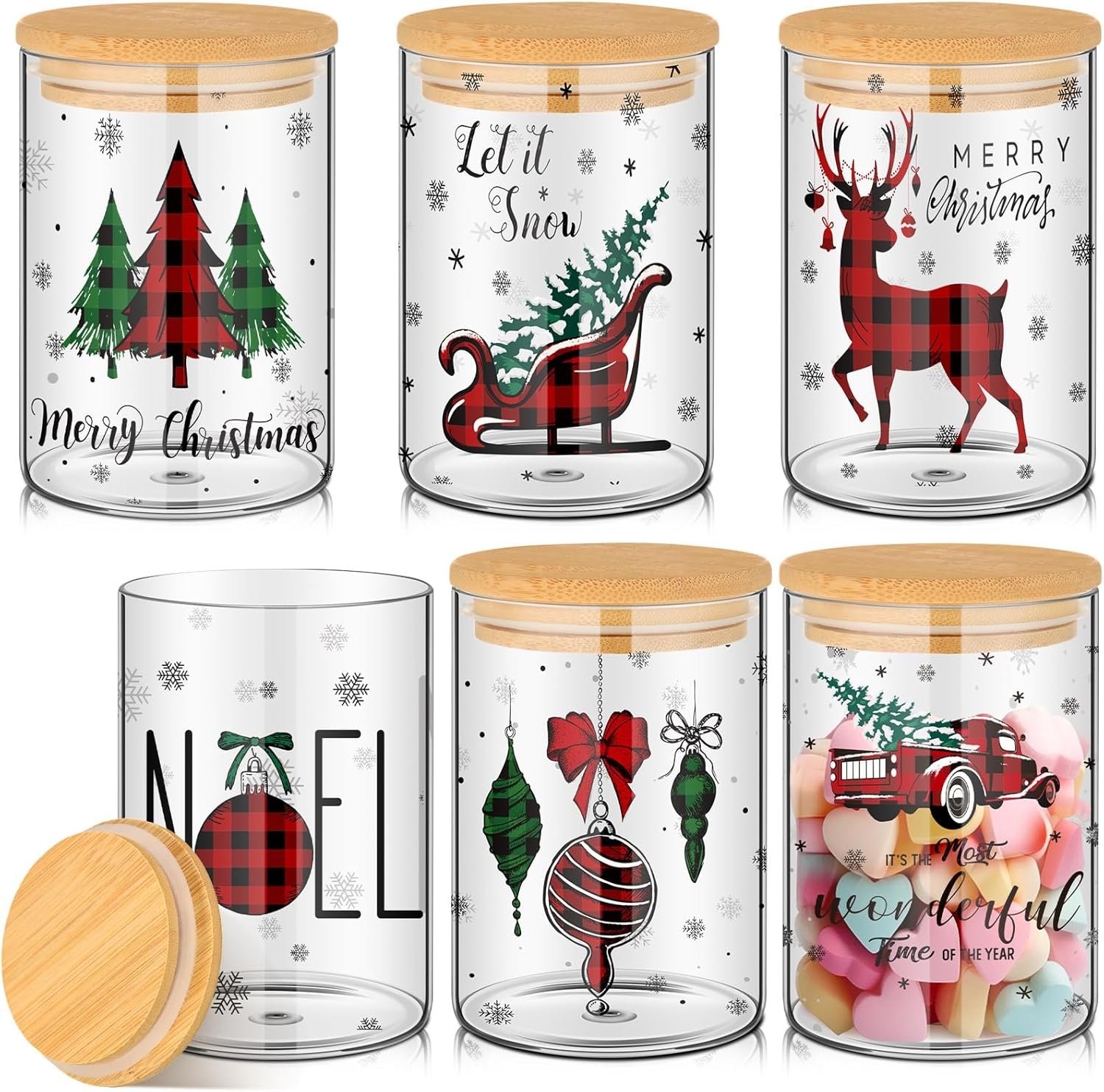 Shellwei 6 Pcs Christmas Glass Storage Jar with Airtight Bamboo Lid Buffalo Plaid Canister Sets Christmas Tree Sled Cookie Jars Candy Storage 19oz for Kitchen Containers Countertop Decoration - Image 2