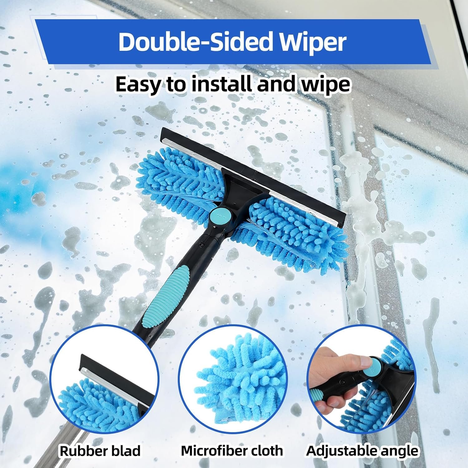 65'' Window Washing Kit with Extension Pole, 2-in-1 Window Cleaning Kit with Scrubber and Rotating Head, Window Cleaner Tool for Shower Rooms, Glass, Floors, Tiles, Walls, Car Windshields - Image 6