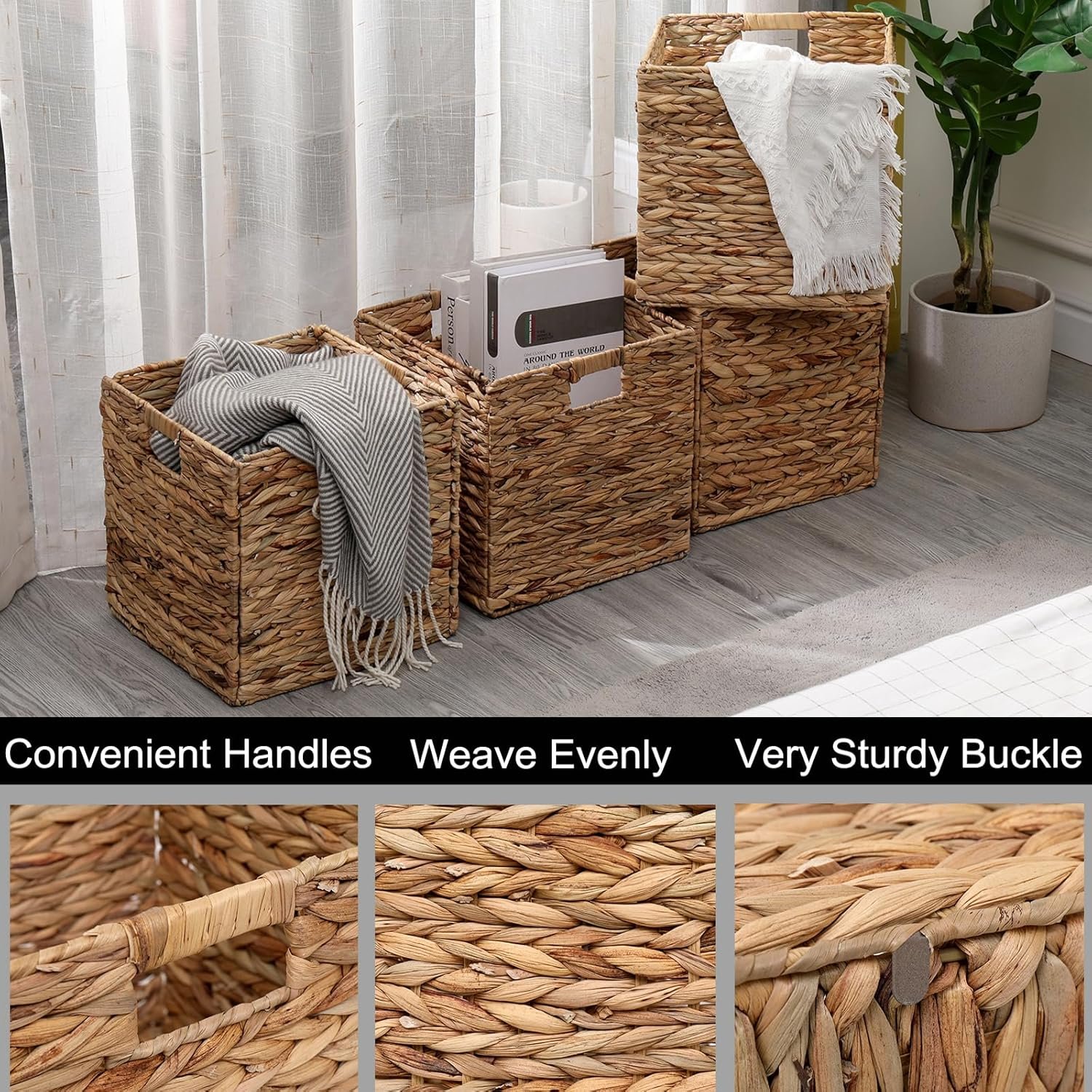 12x12in Storage Baskets Set of 4 Water Hyacinth Baskets,Foldable Handwoven Storage Cubes,Wicker Cube Baskets Laundry Organizer Totes for Home - Image 4