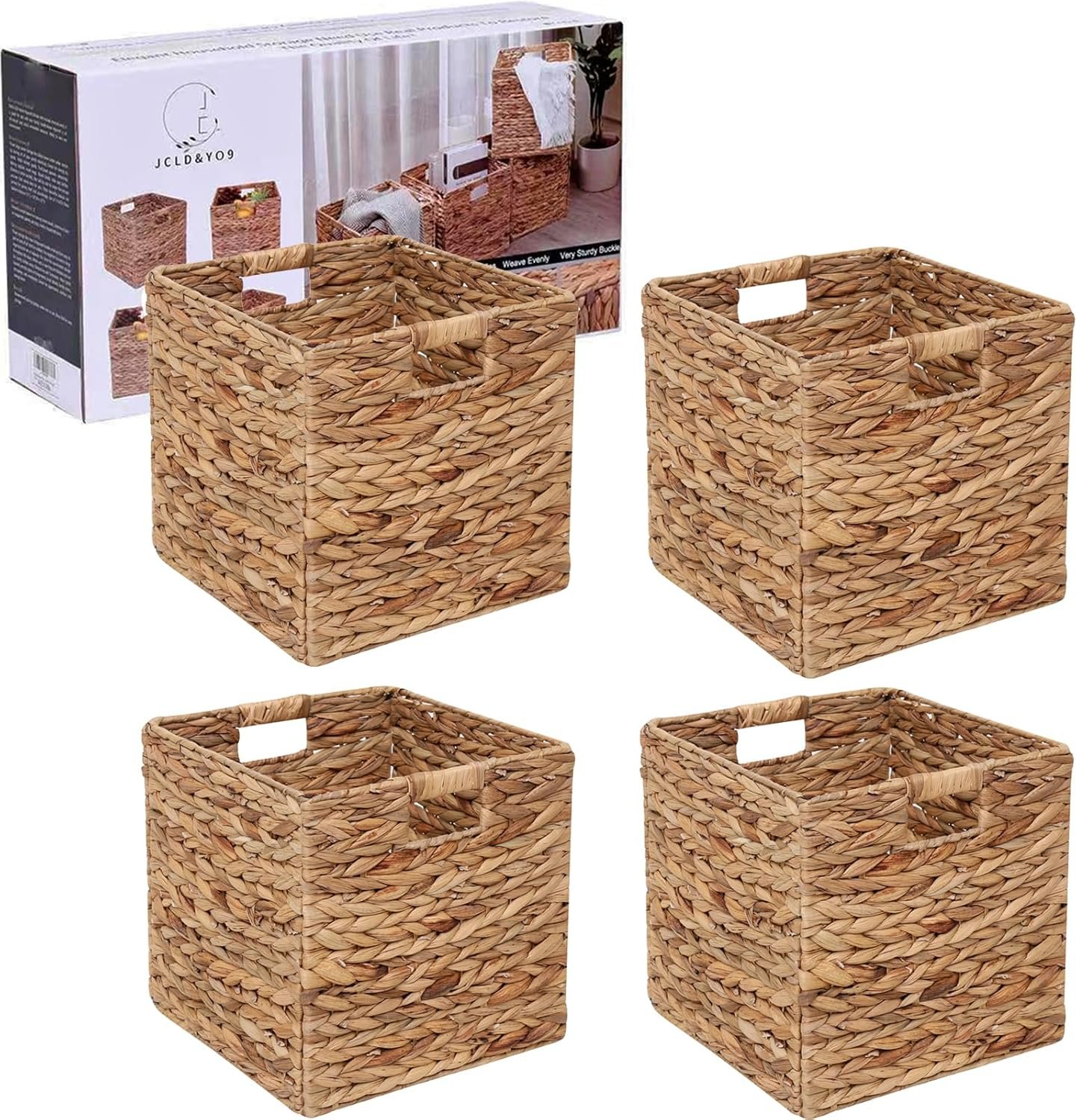 12x12in Storage Baskets Set of 4 Water Hyacinth Baskets,Foldable Handwoven Storage Cubes,Wicker Cube Baskets Laundry Organizer Totes for Home - Image 2
