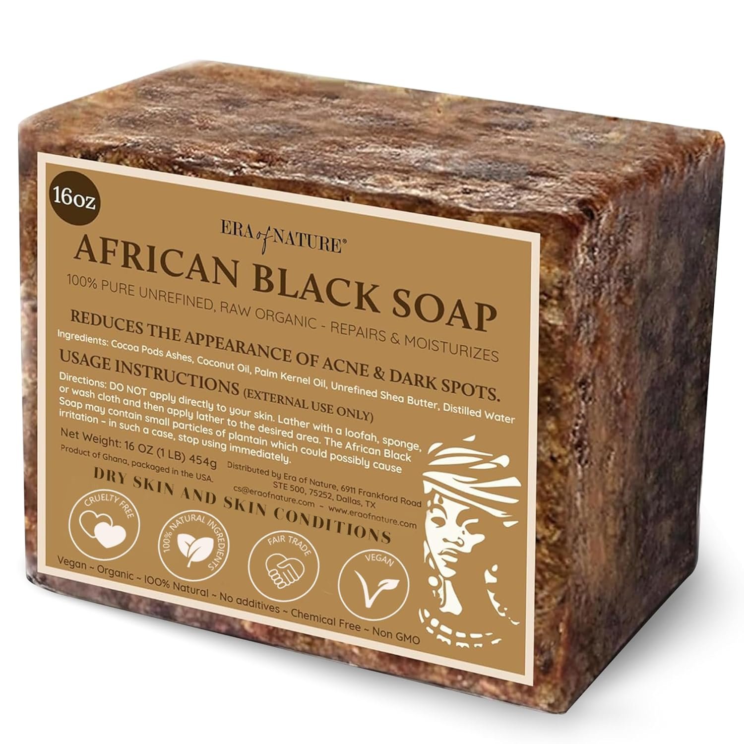 era of nature Best Raw ORGANIC AFRICAN BLACK SOAP, for Dry Skin and Skin Conditions. Pure & Natural Ingredients, Imported From Ghana - 1lb (16oz) - Image 2