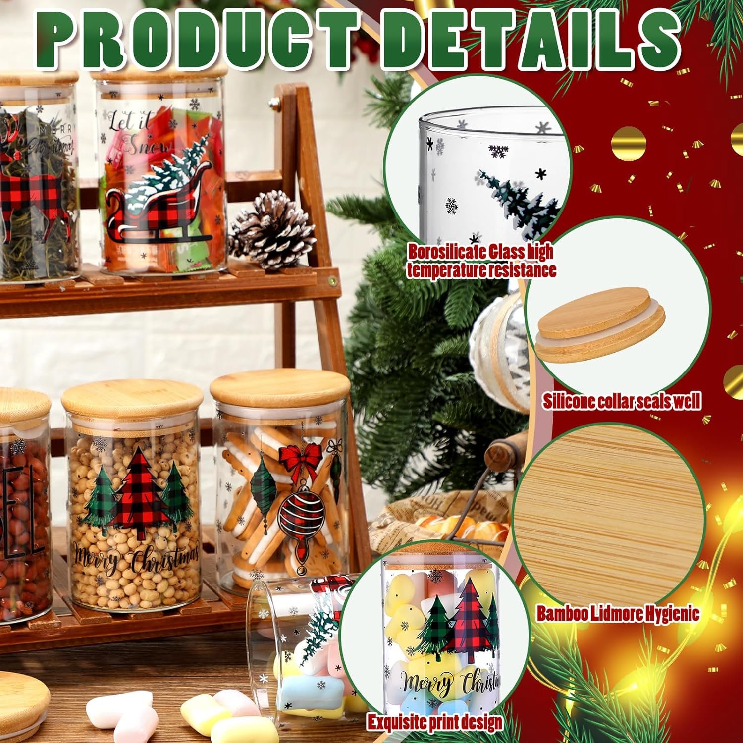 Shellwei 6 Pcs Christmas Glass Storage Jar with Airtight Bamboo Lid Buffalo Plaid Canister Sets Christmas Tree Sled Cookie Jars Candy Storage 19oz for Kitchen Containers Countertop Decoration - Image 4