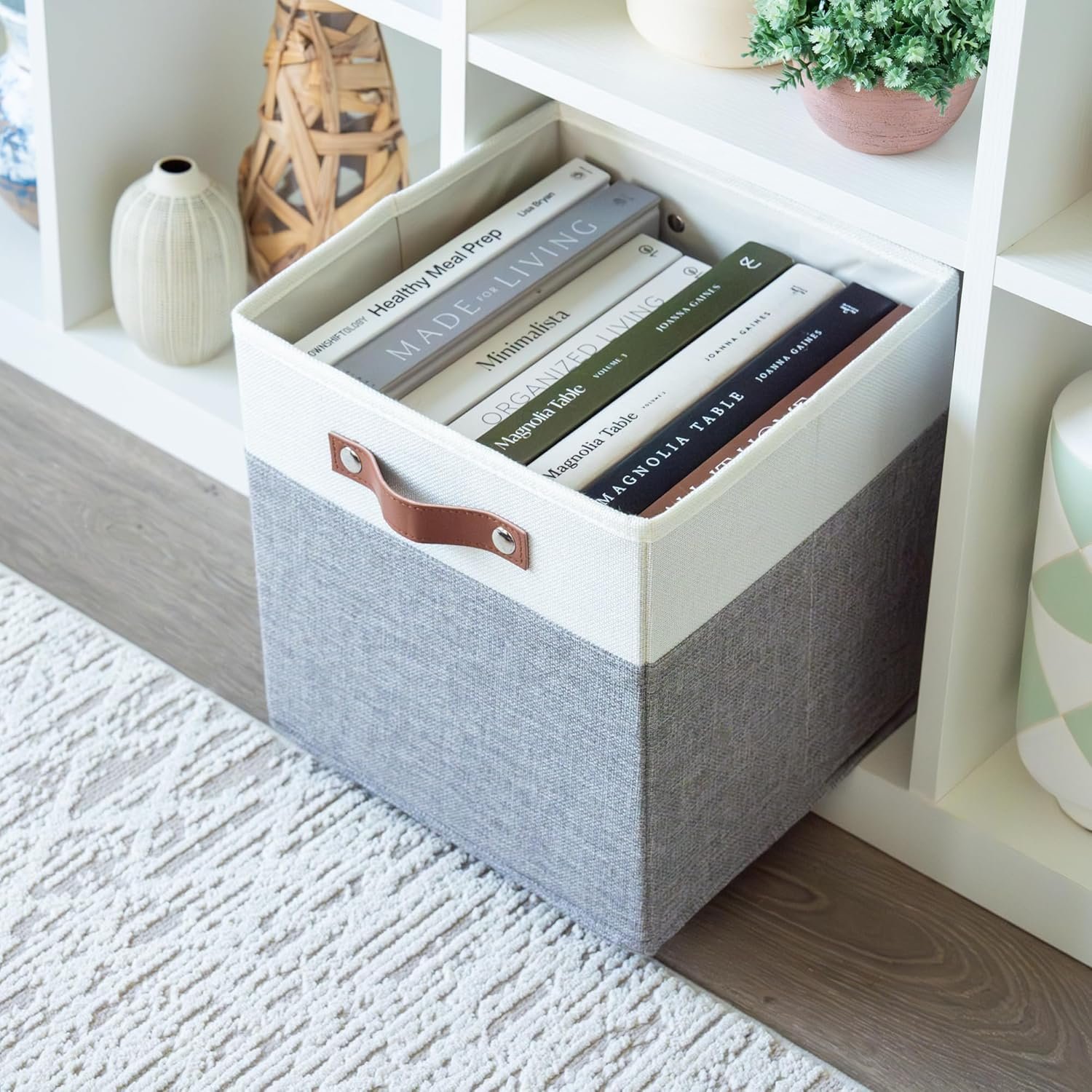 OrganiHaus 11" x 11" x 11" Fabric Cube Storage Bins Set of 4, Foldable Collapsible Canvas Storage Bins for Organizer, 11 inch Cubbies Organizer for Kallax, Linen Cube Shelf Baskets - Grey/White - Image 6