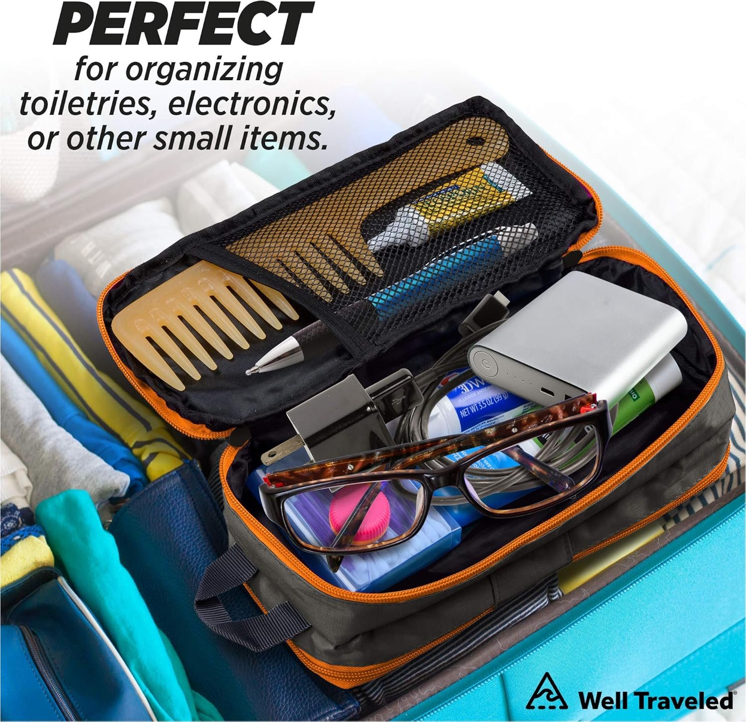 Well Traveled Toiletry Bag for Makeup, Shaving Kit, Cosmetics, Electronics Case for Men, Women (Fire) - Image 3