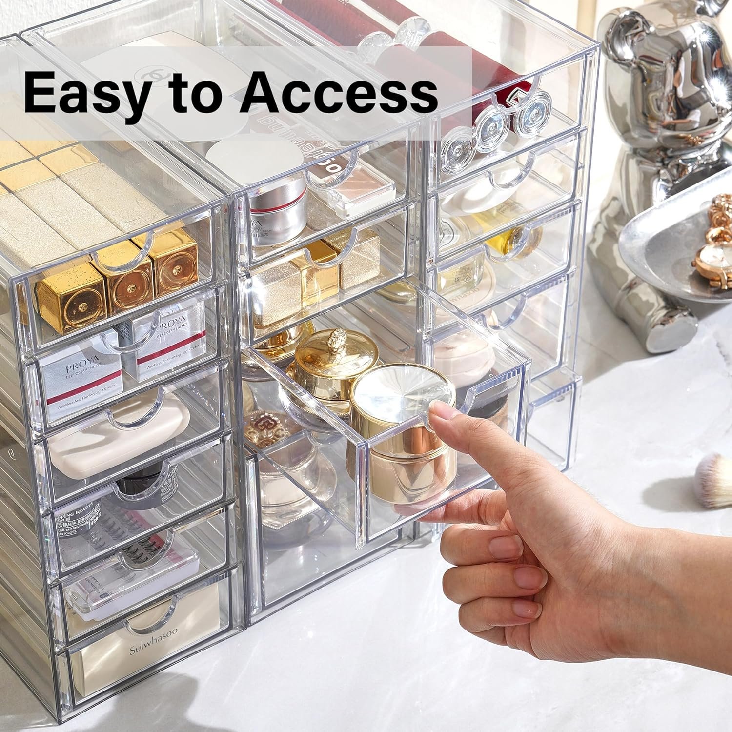 Prsildan Acrylic Drawer Makeup Organizer with 4 Drawers, Set of 2 Office Desk Organizers Accessories, Clear Stackable Storage Drawers for Vanity, Countertop, Craft, Jewelry, Art Supply Organization - Image 7