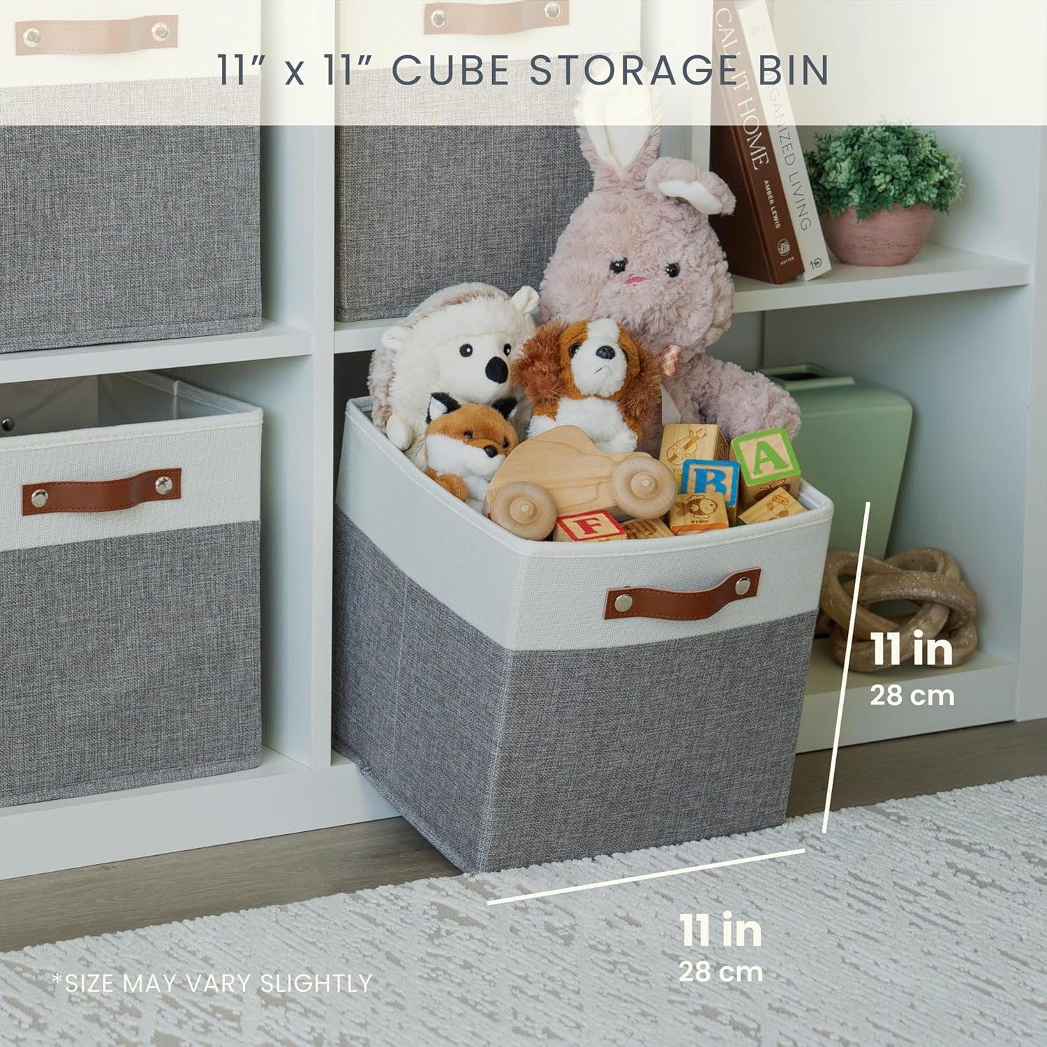 OrganiHaus 11" x 11" x 11" Fabric Cube Storage Bins Set of 4, Foldable Collapsible Canvas Storage Bins for Organizer, 11 inch Cubbies Organizer for Kallax, Linen Cube Shelf Baskets - Grey/White - Image 3