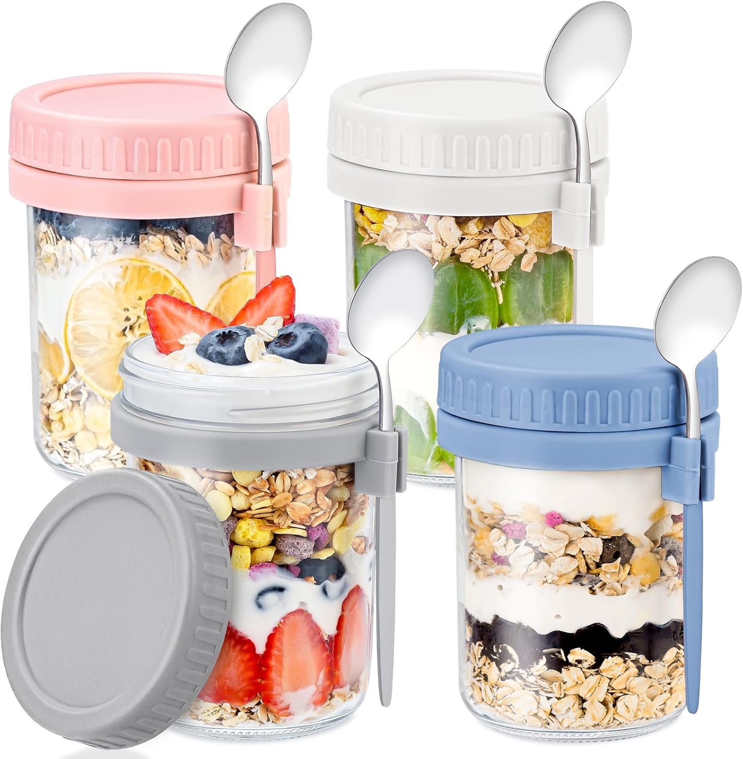 4 Pack Overnight Oats Containers with Lids and Spoons - DRKIO 16 Oz Glass Mason Jars for Overnight Oats Leak Proof Oatmeal Container Great for Cereal Fruit Vegetable Milk Salad Yogurt Meal Prep - Image 2